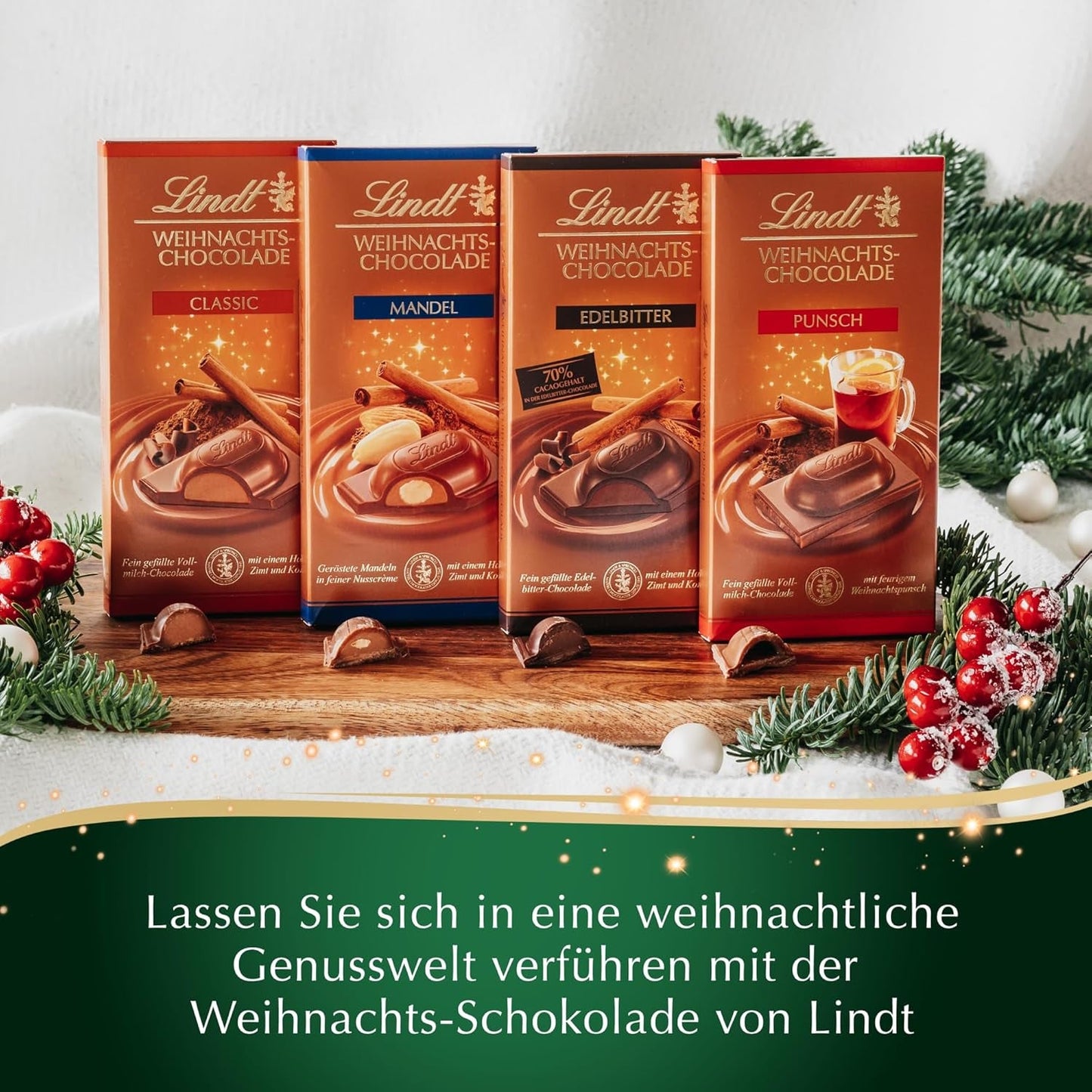 Vánoční mandlová čokoládová tyčinka Lindt | 100 g | Mandle v ořechovém krému zalité tou nejjemnější mléčnou čokoládou | Vánoční čokoládový dárek