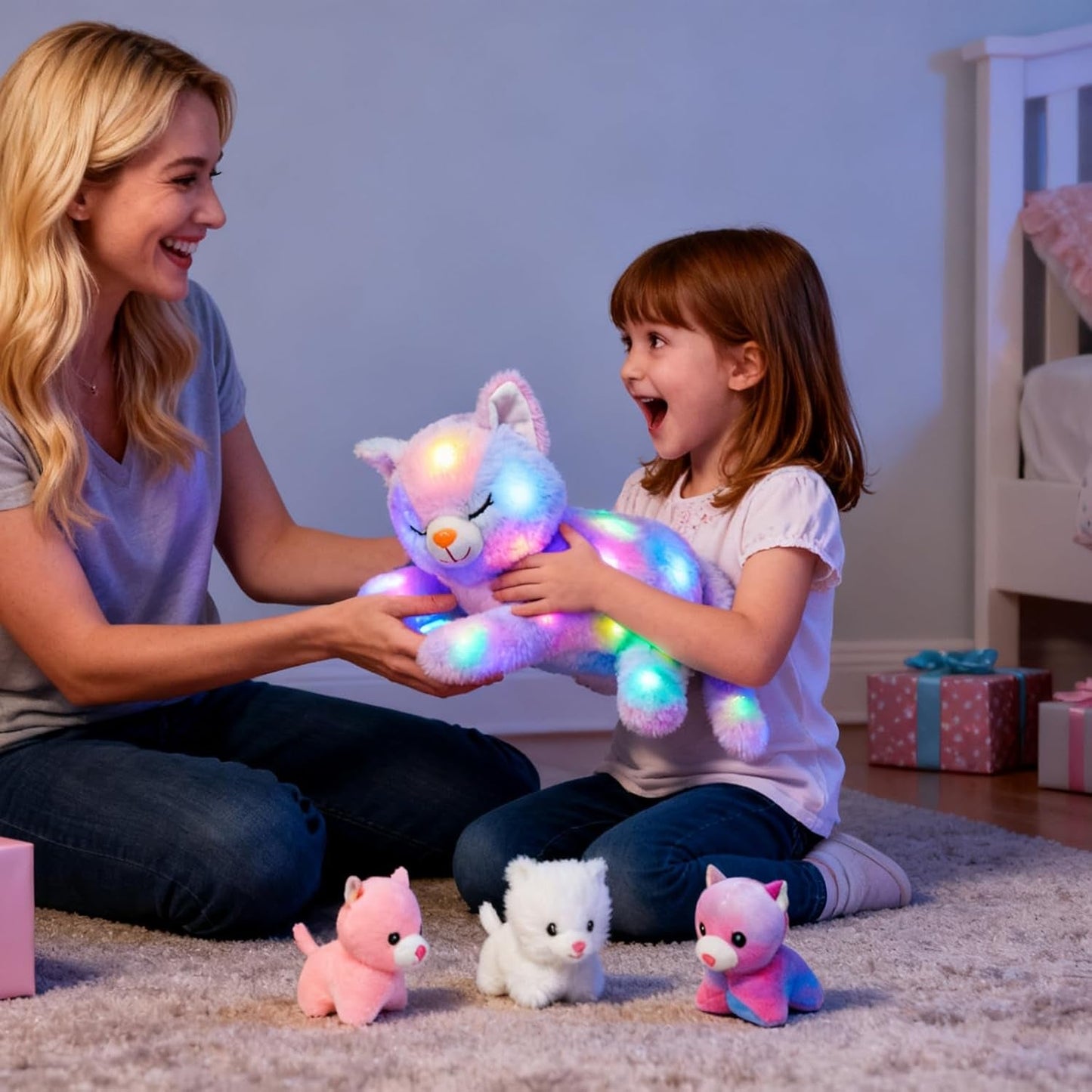 LED hudební plyšová kočka, lehká zpívající hračka, matka kočka se 3 koťaty v břiše, animovaná ukolébavka, uklidňující hračka pro maminky, děti, holčičky, duha, 45 cm