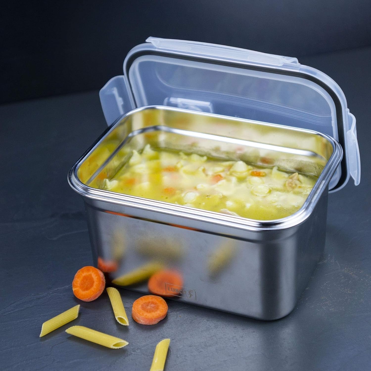 Lurch 240895 Box na oběd Vysoce kvalitní bezpečnostní/úložný box z nerezové oceli s plastovým víkem bez BPA 2000 ml Průhledné boxy na skladování potravin Naty Shop