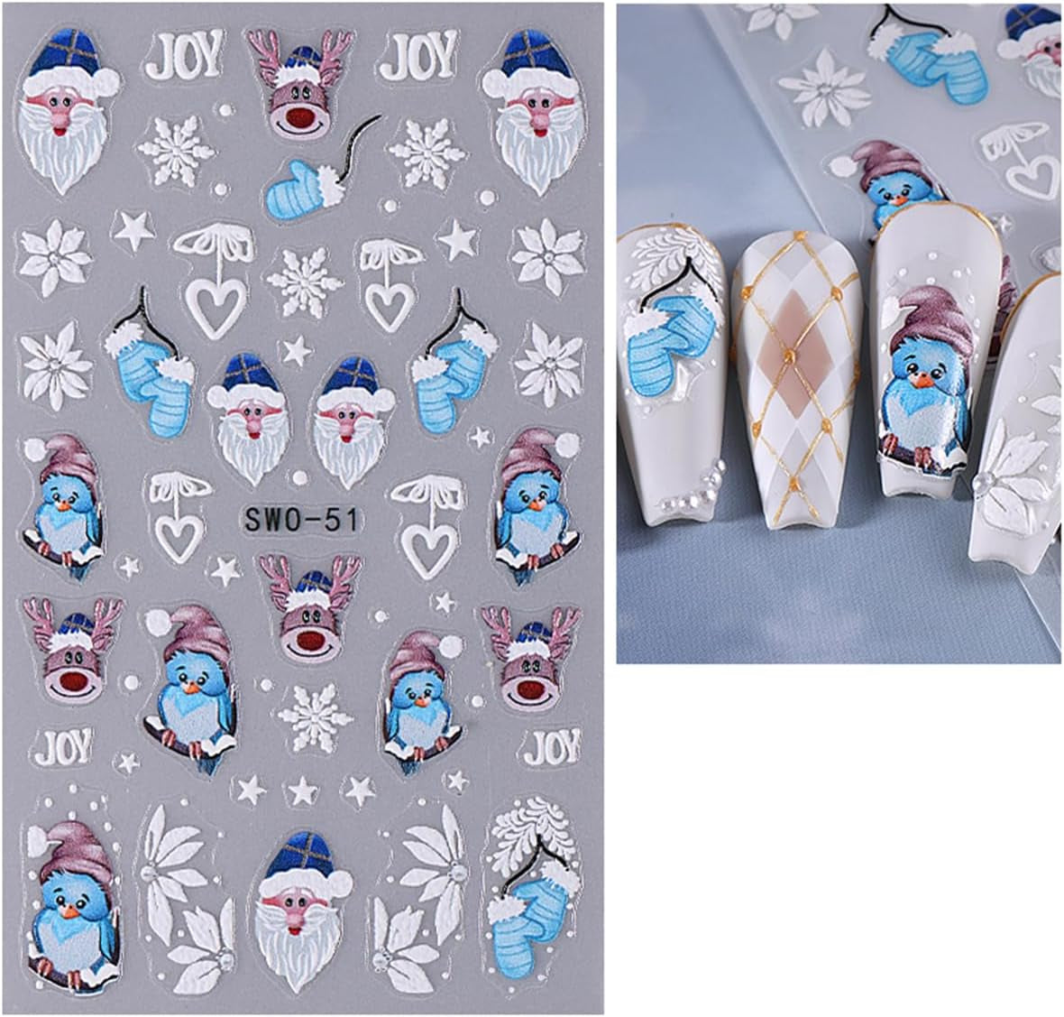 JMEOWIO Nagelsticker Weihnachten 6 Blatt Nail Art Sticker Selbtklebend Nagelaufkleber Schneeflocke Winter Urlaub Süß Dekoration Nageldesign Zubehör