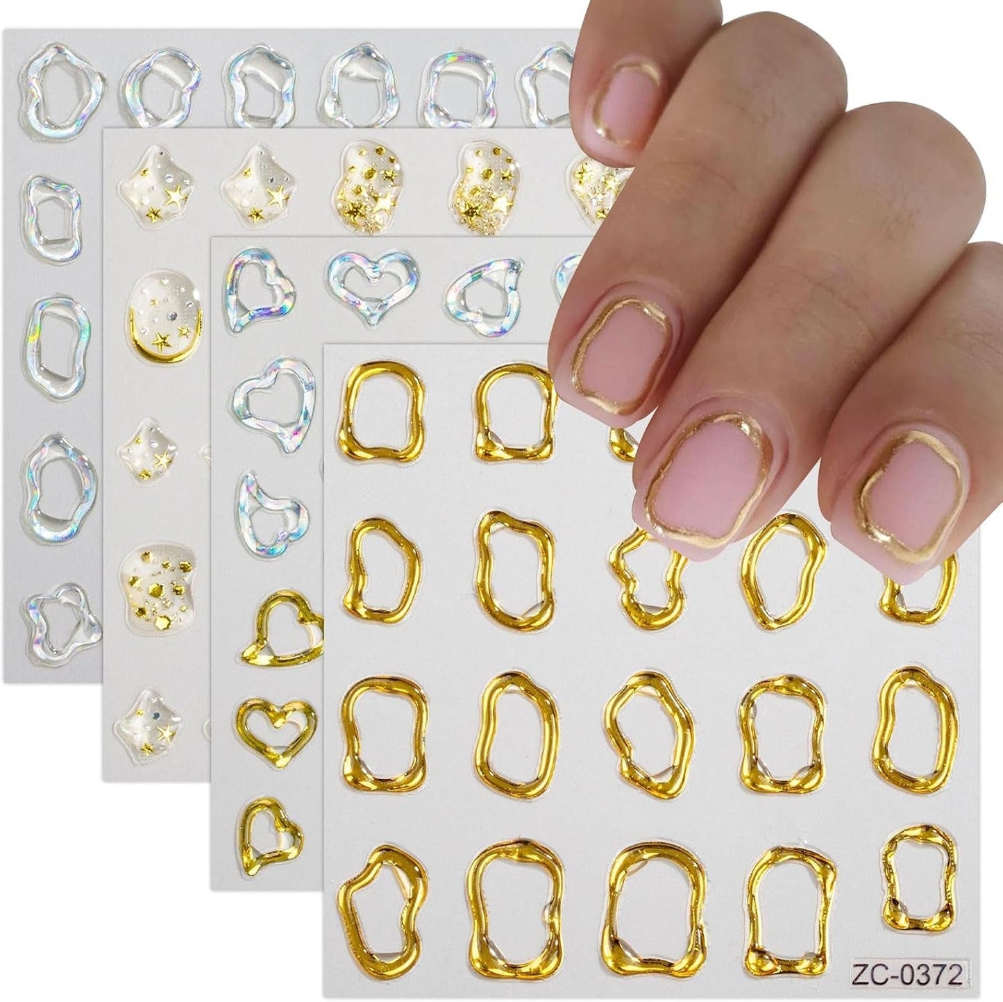 JMEOWIO 6 Blatt 3D Nálepka na nehty Goldene Unregelmäßige Geometrické Nálepka na nehty Selbstklebend Nagelaufkleber 5D Stereoskopická dekorace Nageldesign Zubehör