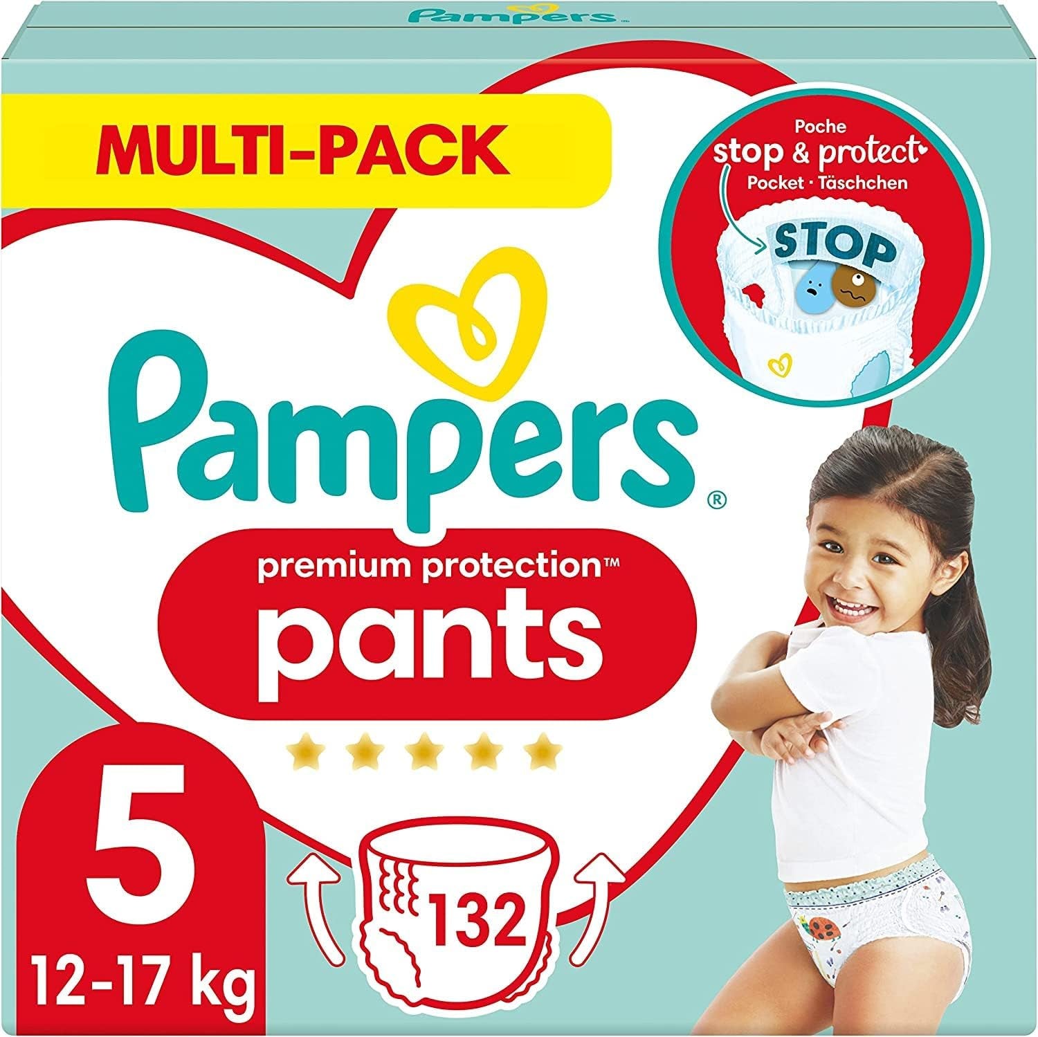 Pampers Premium Protection Pants Velikost 7, 123 Plenky, 15 kg+, s 360° nastavením a měkkými manžetami proti protečení pro optimální pohodlí a ochranu