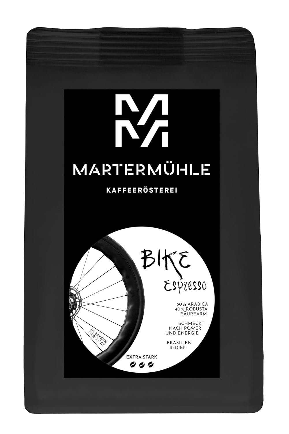 Espresso Martermühle Bike 500g Strong | Arabica/Robusta | Příchutě: Makadamové ořechy, mléčná čokoláda | Světle pražená celá zrna espressa, nízká kyselost