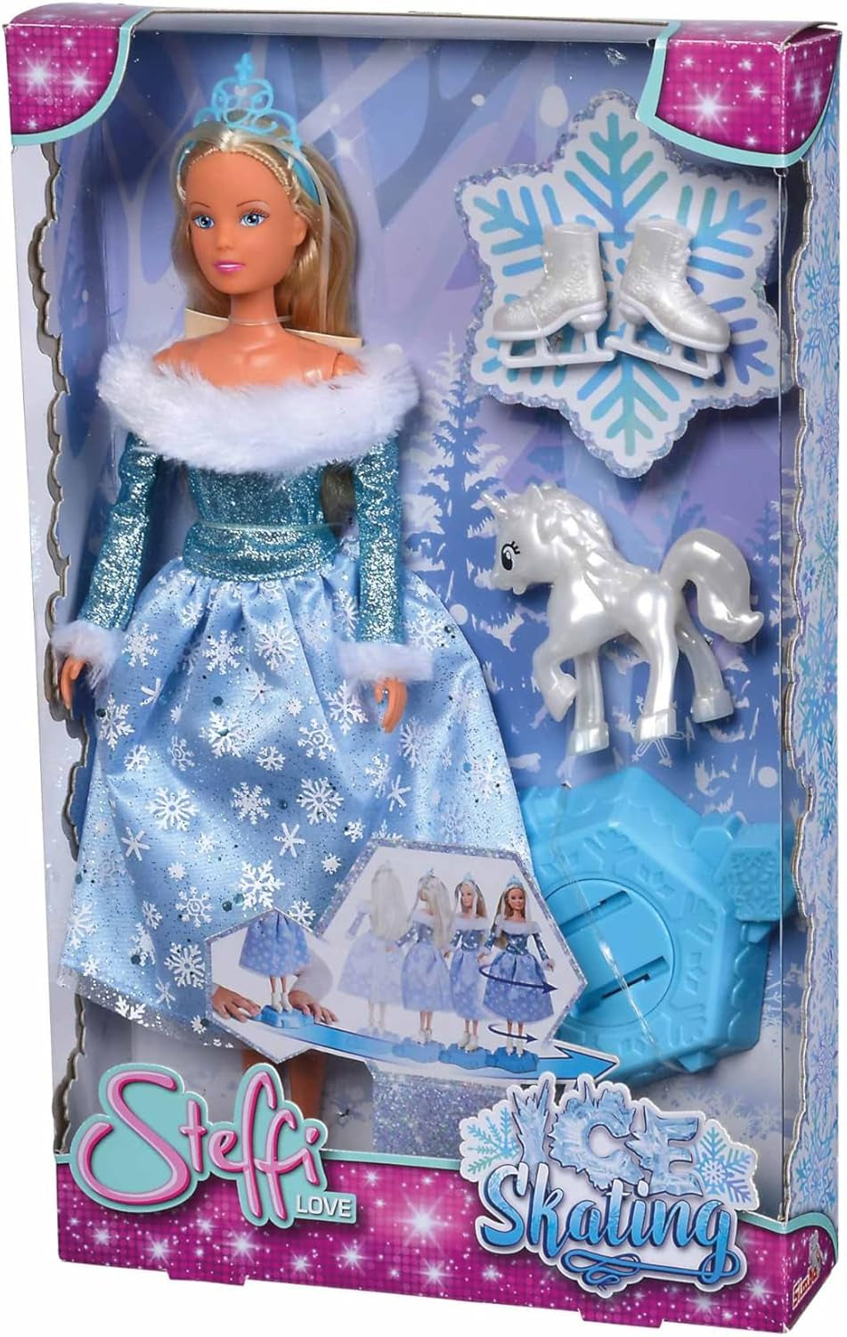 Simba 105733631 - Steffi Love Skating, hrací panenka Winter Princess s platformou pro kouzelnou bruslařku a malým jednorožcem, 29 cm, 3 roky a více