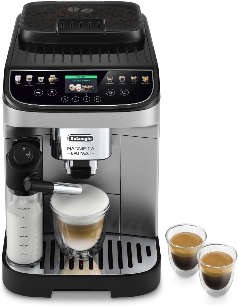 De'Longhi Magnifica Evo Next – plně automatický espressor Perfetto s napěňovačem mléka LatteCrema, 13 nápojů jedním dotykem, kávovar a cappuccino, barevný dotykový displej, titan (ECAM312.80.TB)