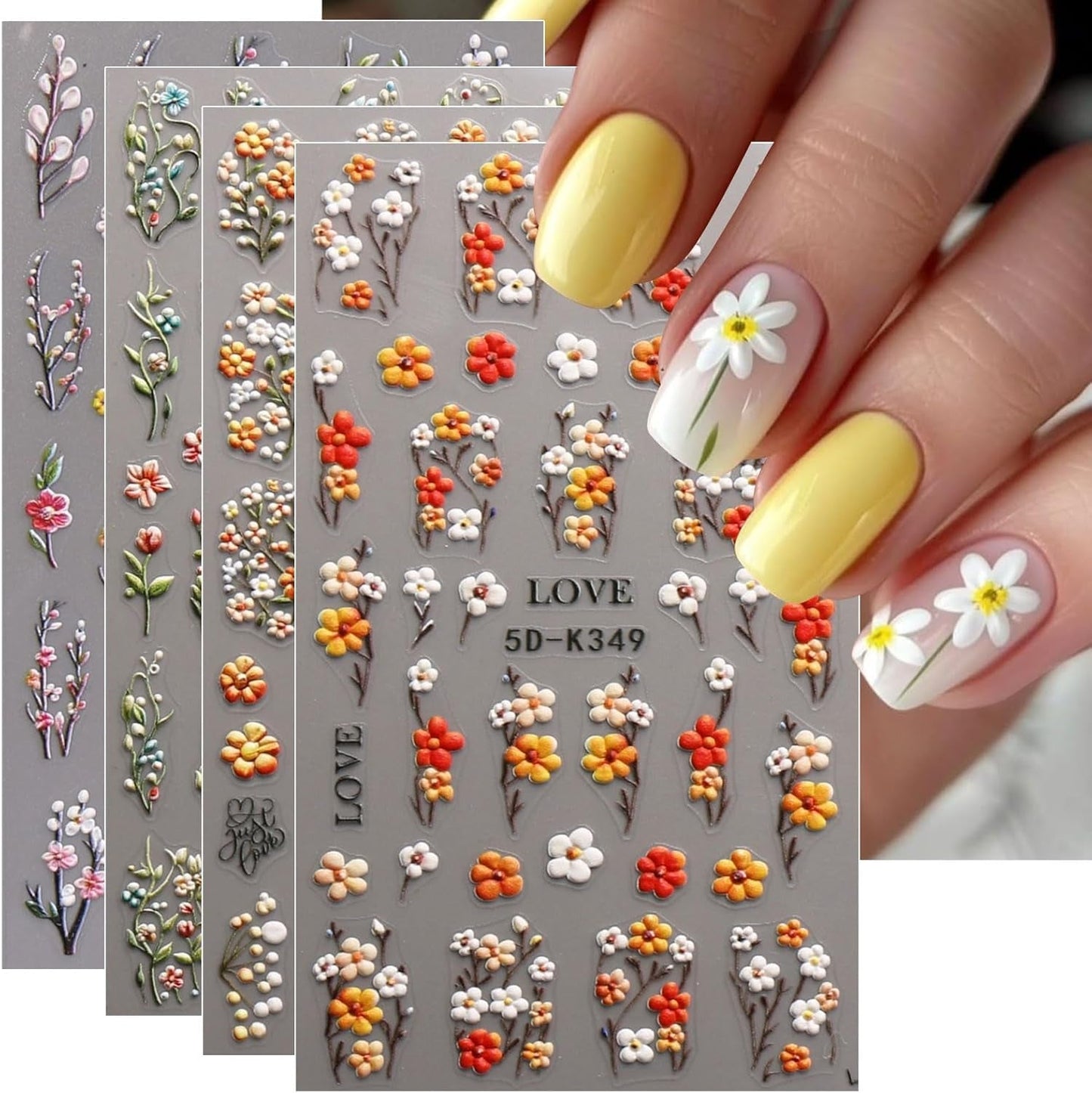 JMEOWIO 3D Nálepka na nehty Blumen Nálepka na nehty Selbstklebend Nagelaufkleber 5D Stereoskopický Herbst Blumen Dekoration Nageldesign Zubehör 4 Blatt