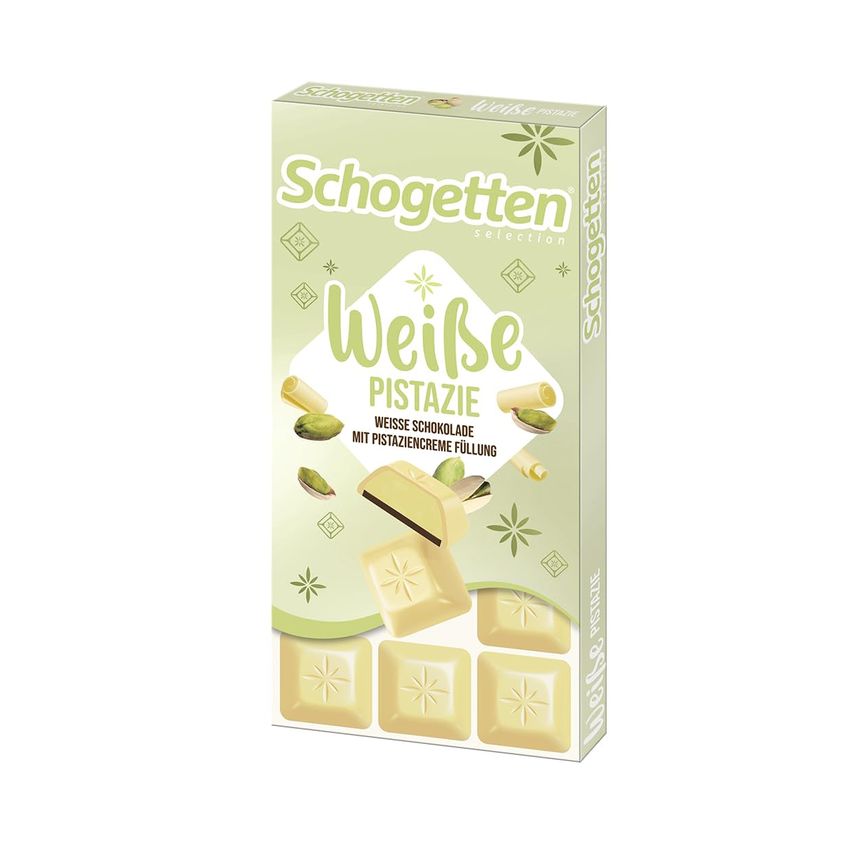 Schogetten bílé pistácie | Bílá čokoláda s pistáciovou krémovou náplní | 100 g | Pohodlně porcované (balení po 3 kusech)