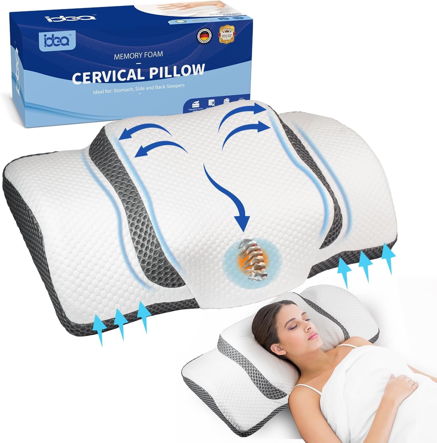 Ortopedický polštář, Ergonomický polštář na krk, Polštář na hlavu, Originální polštář z paměťové pěny na boky, Opěrka zad a žaludku, Polštář na podporu krku pro muže, Ženy (67,3 X 38,2 X 13,8/3 cm) Krční ortopedické polštáře Naty Shop