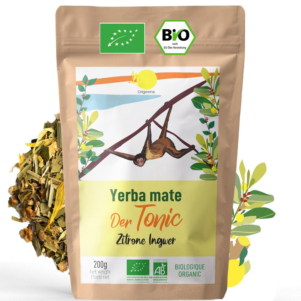 ORIGEENS BIO YERBA MATE S CITRONEM A ZÁZVOREM 200 G - Energizující čaj I Organický čaj Yerba Maté, nepražený, listy, bez stonků a prachu
