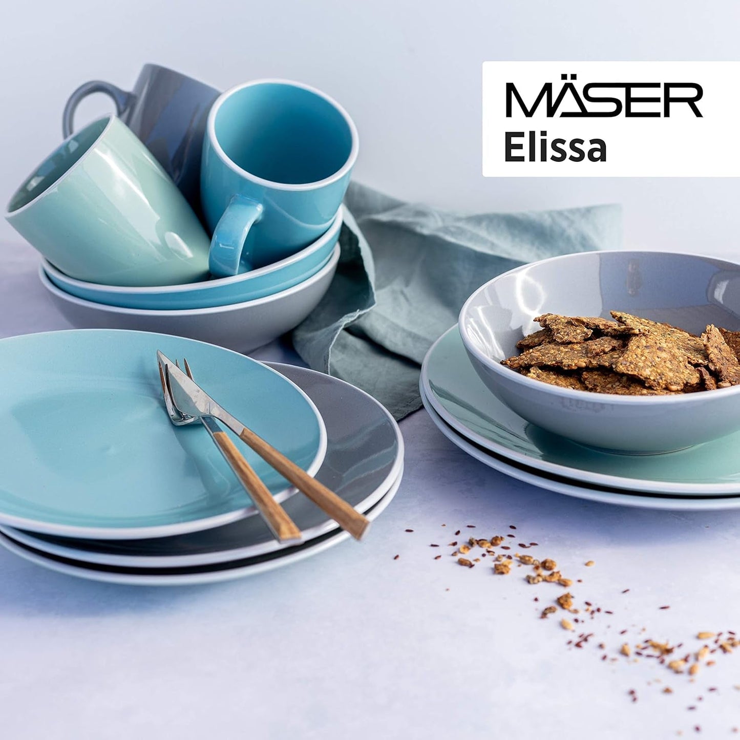 MÄSER 931844 Moderní sada nádobí řady Elissa pro 6, modrá s bílým okrajem, 24dílná kombinovaná sada, keramika