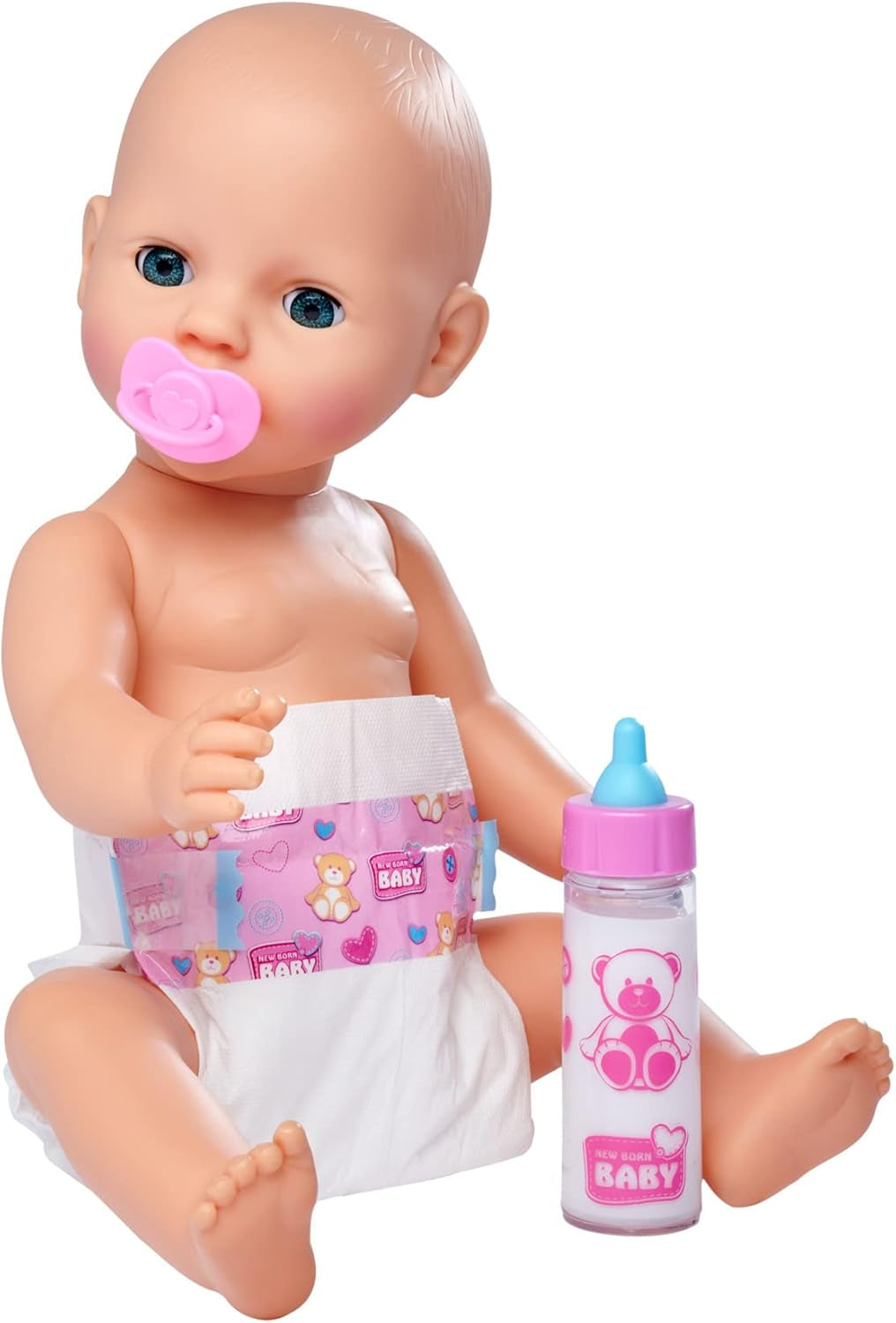 Simba 105562487 - New Born Baby First Nursing Set, dudlík, plenka a lahvička na mléko s mizejícím obsahem, pro panenky 38-43 cm Naty Shop Dolls