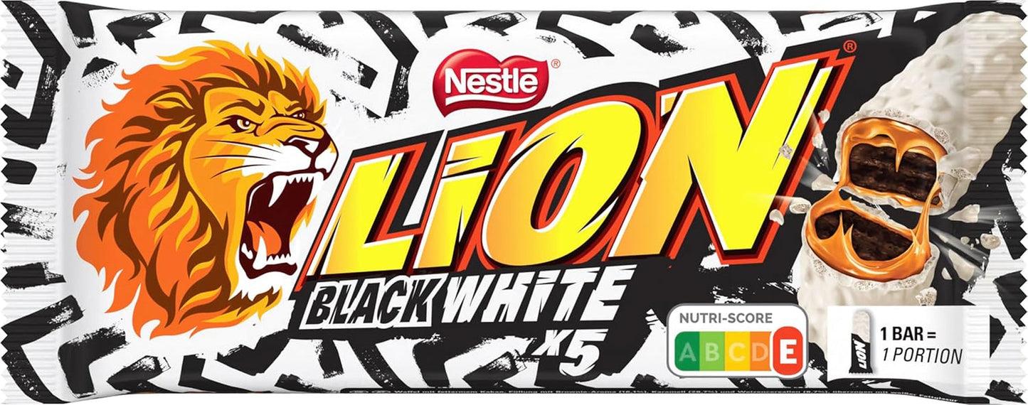 Čokoládová tyčinka LION Black & White, svačina s intenzivní chutí, křupavá čokoláda a křupavé lupínky, náplň do brownies, jedinečný zážitek z lahodné chuti, 1 balení (5 x 30 g)