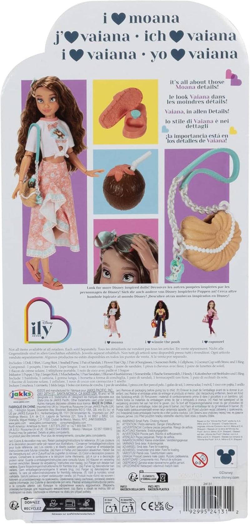 Panenka Vaiana s doplňky, 29 cm, 13 kloubových bodů, oficiálně licencována společností Jakks Pacific. Kompletní s kombinovatelnými doplňky a třpytivým prstenem Mickey!