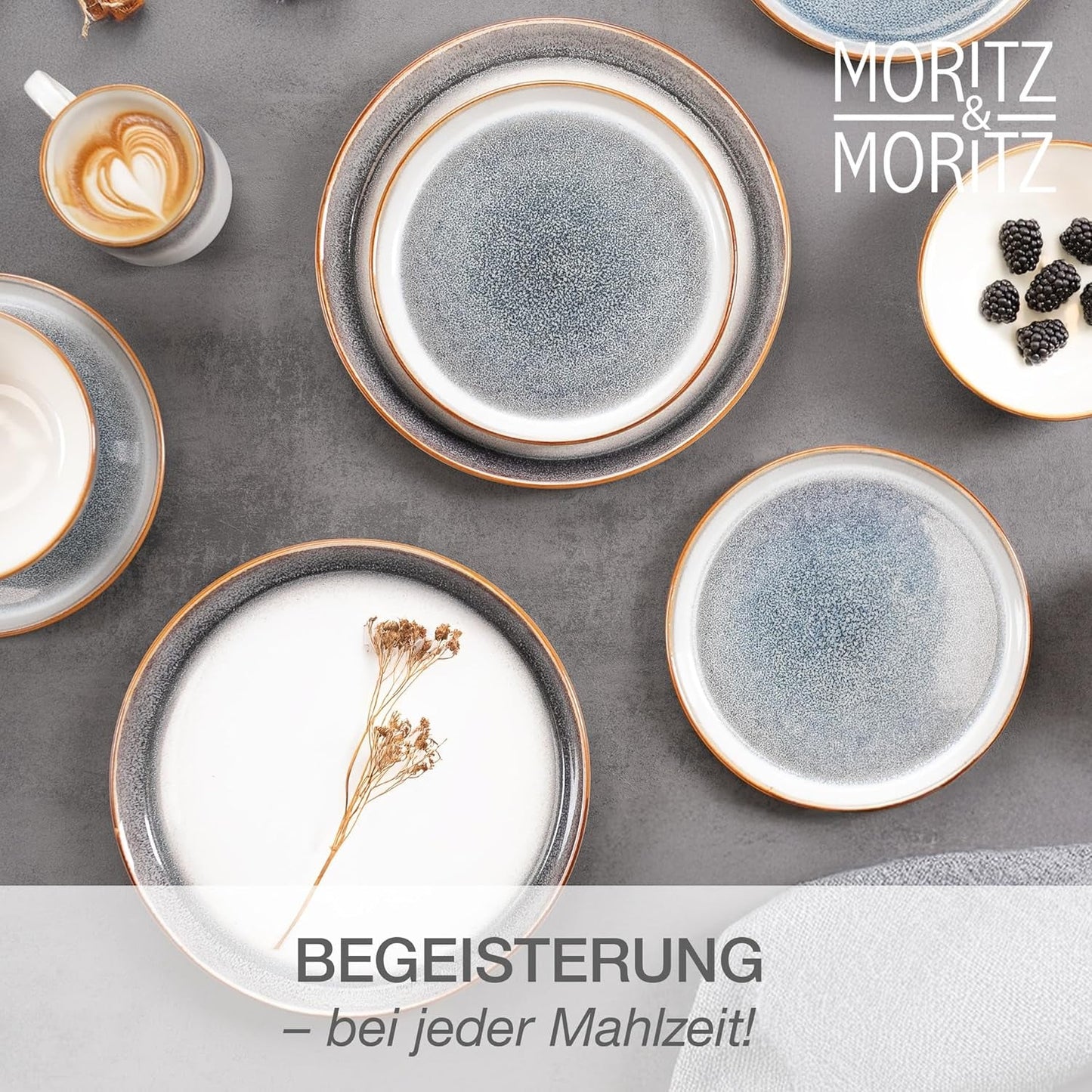 Moritz & Moritz TARENTO 24dílná sada nádobí pro 6, šedá - Elegantní vysoce kvalitní sada kameninových talířů - Sada nádobí obsahuje 6 talířů, 6 dezertních talířů, 6 talířů a 6 šálků