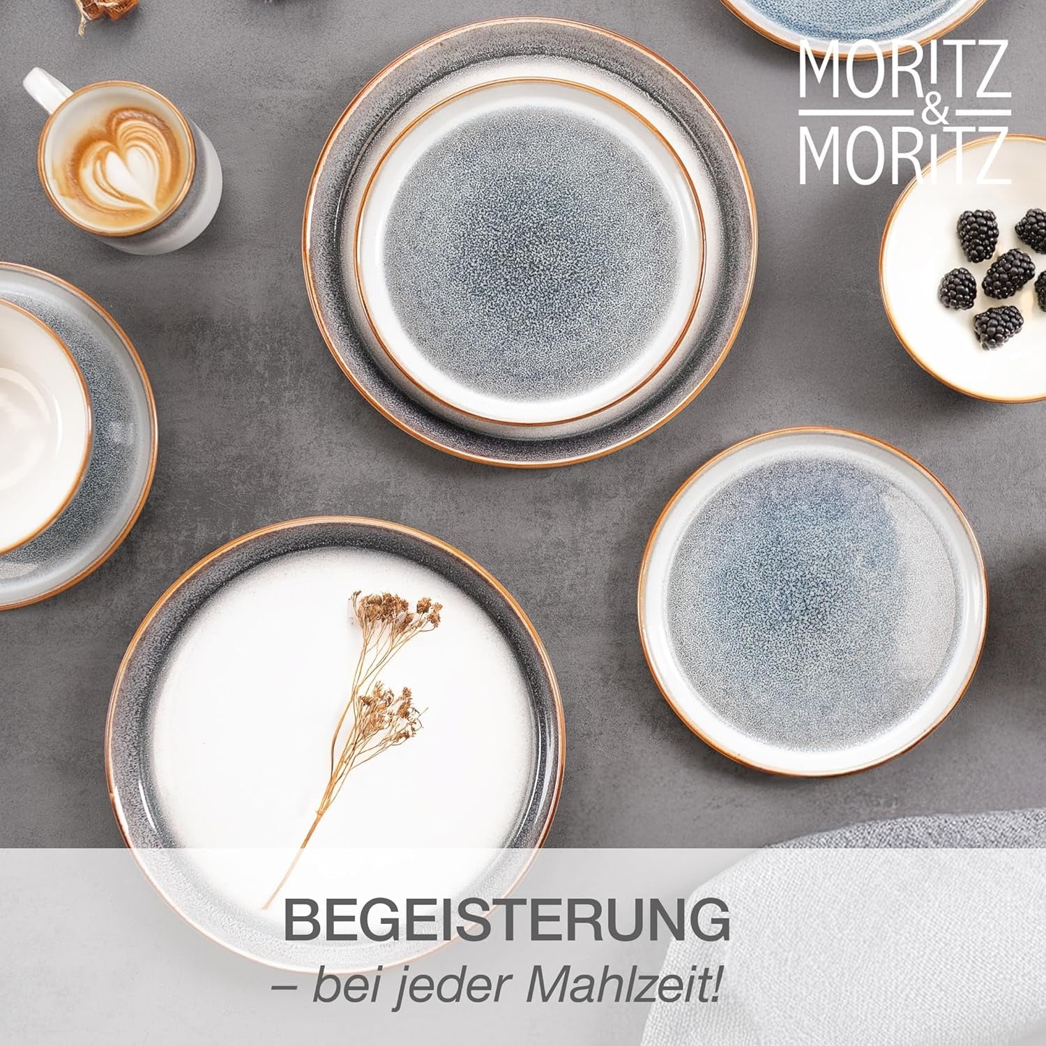 Moritz & Moritz TARENTO 24dílná sada nádobí pro 6, šedá - Elegantní vysoce kvalitní sada kameninových talířů - Sada nádobí obsahuje 6 talířů, 6 dezertních talířů, 6 talířů a 6 šálků