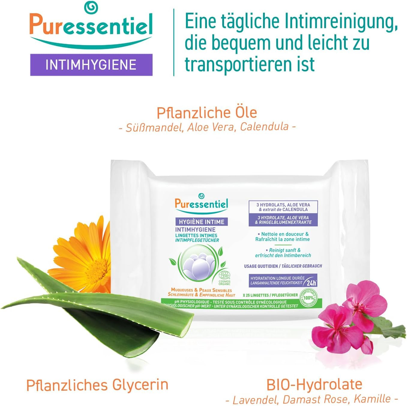 Puressentiel - Intimní hygiena - Intimní ubrousky - Čištění a osvěžení - Citlivé sliznice a pokožka - Dlouhotrvající hydratace 24 hodin - Pro každodenní použití - X25 ks.