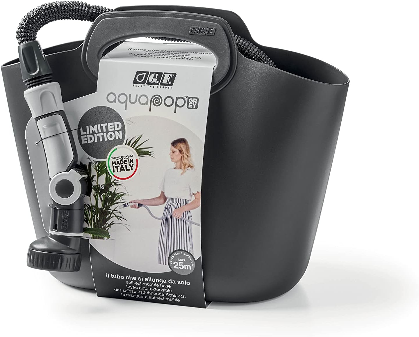GF SRL, Aquapop Grey Limited Edition s 25m samonatahovací textilní hadicí Made in Italy, měkký plastový sáček, trysky a armatury Lancia 8 pro zavlažování zahrady, tmavě šedá