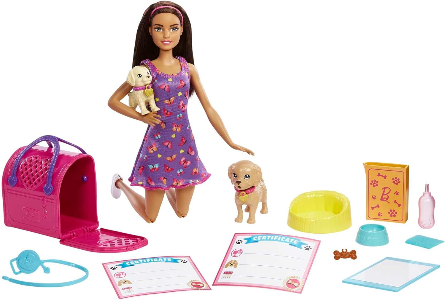 Adopční štěně Barbie - panenka a 2 štěňata, s adopčními certifikáty, efektem změny barvy, klecí a doplňky, pro děti od 3 let, 86 HKD