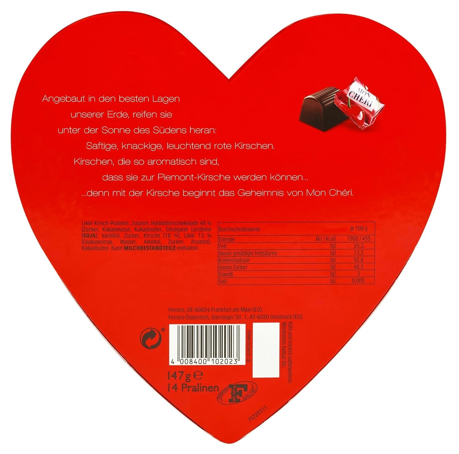 Ferrero Mon Chéri Heart - Čokoládový dárek k Valentýnu pro něj a pro ni - Křupavá čokoláda, ovocný likér a ochucené třešně - Na Valentýna, Den matek a Velikonoce - 1 balení 147g