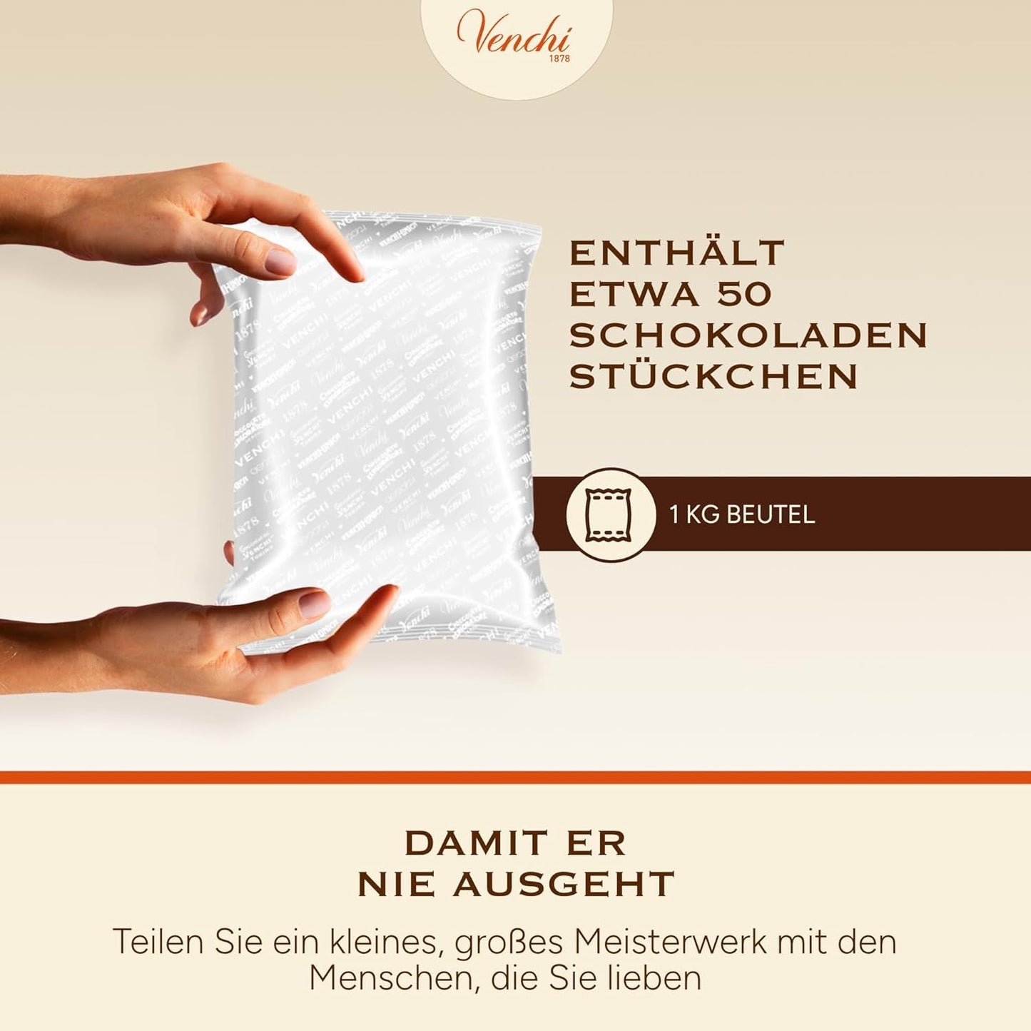 Venchi – Chocoviar Gianduia, pralinky v 1 kg sáčku, čokoláda Gianduia vyráběná výhradně z "lesních lískových oříšků Piemontu", bez lepku, bez umělých barviv a bez konzervantů