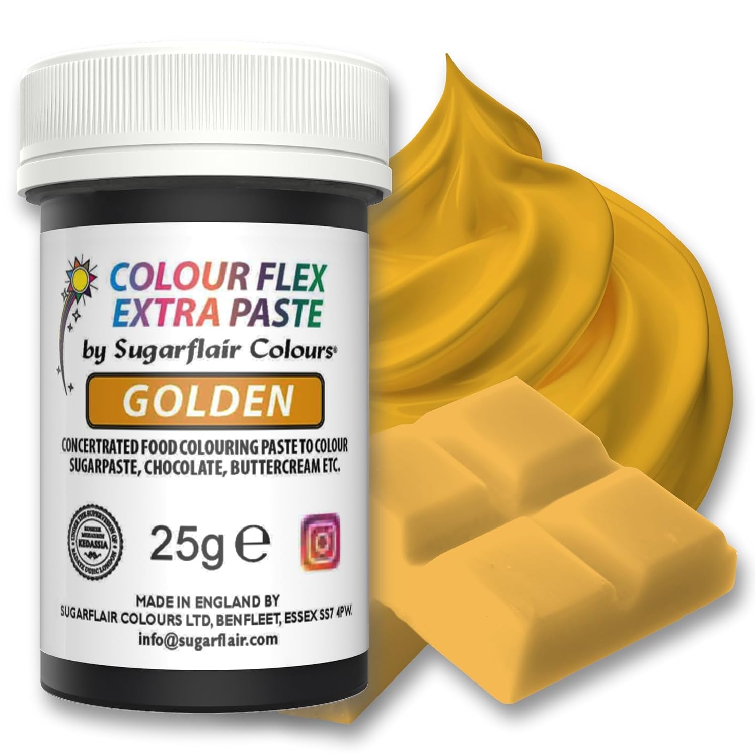 Potravinářské barvivo Sugarflair Colourflex Extra Paste Golden - Jedlé potravinářské barvivo na máslový krém, čokoládu, cukrovou pastu, polevu, fondán, dortové směsi, těsta a další - 25g