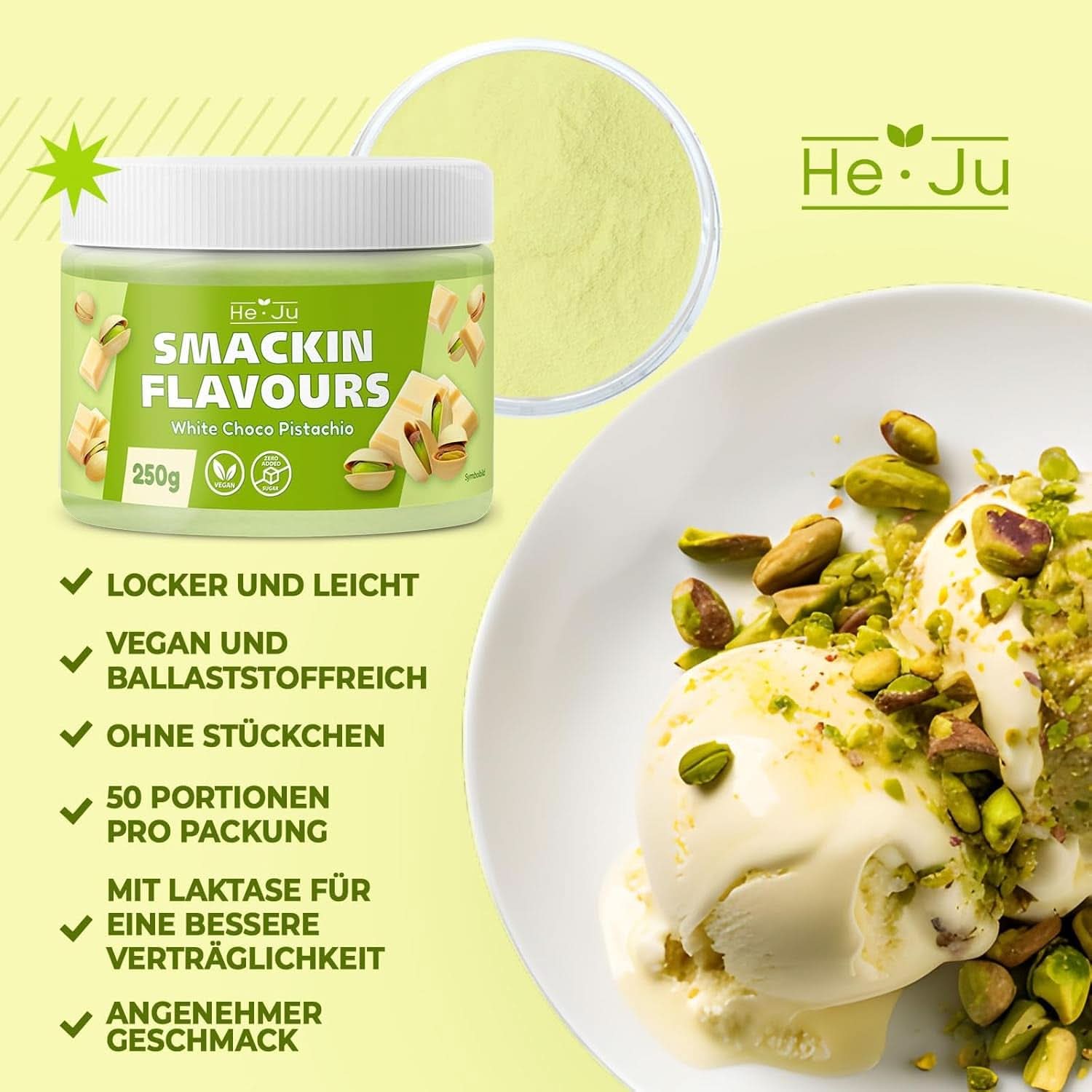 He-Ju, prášek s příchutí bílé čokolády a pistácií, 250 gramů Naty Shop Flavors