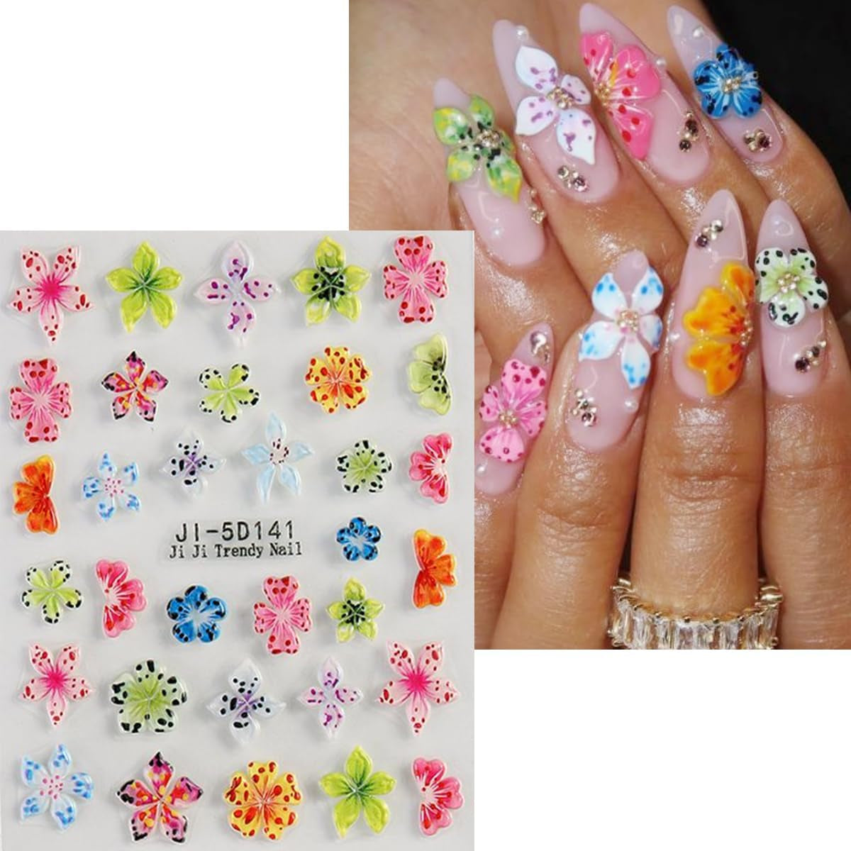 JMEOWIO 3D Nálepka na nehty Colorful Flower Nail Art Nálepka Selbstklebend Nagelaufkleber 5D Stereoskopické Jaro Léto Květinová dekorace Nageldesign Zubehör 4 Blatt