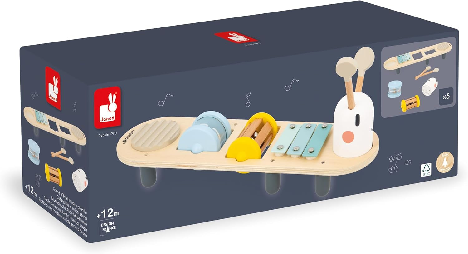 Janod - Hudební skladby Sweet Cocoon - 5 hudebních aktivit pro děti - Raná hudební výchova - Dřevěná hračka FSC - Od 12 měsíců, J04058 Baby Toys Naty Shop