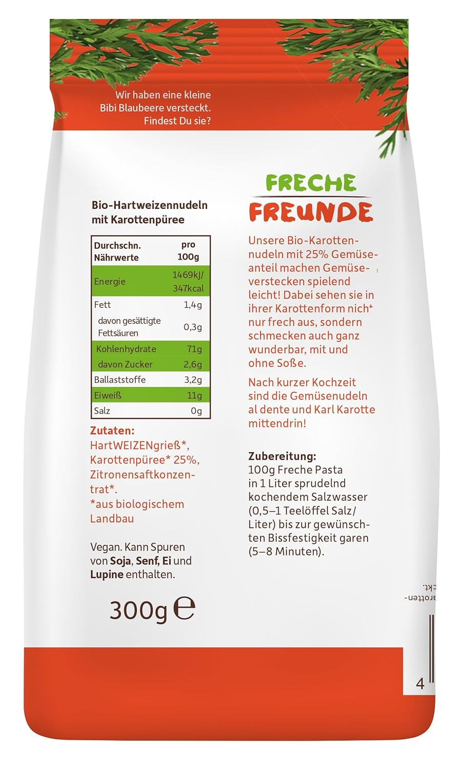 Freche Freunde Bio zeleninové nudle 'mrkev' 25% obsah zeleniny Vegan 6 balení (6 x 300 g)