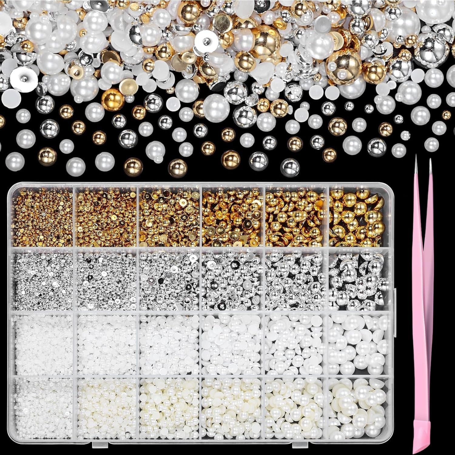 GZMAYUEN 920Pcs Zlatá Stříbrná Perlen s plochým zády pro nehty, Halbrunde Weiße Beige Perlen na nehty, Kleine Halbrunde Perlen s plochým zadním dílem Für DIY Nail Art Decor