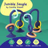 JUMBLE JANGLE Dětský kousací kroužek: Dětská kousací hračka 3-24 měsíců | Sada 7 žvýkacích hraček bez BPA | Chladící silikonový kousací kroužek | Hračka pro batole s přísavkou na vysokou židličku, stůl a vaničku