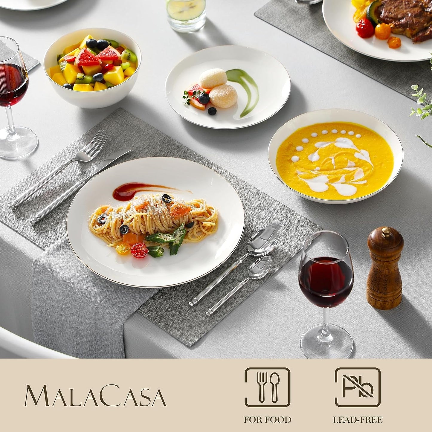 MALACASA Sada jídelního nádobí pro 4 osoby Bone China 16dílná sada nádobí Kulatý bílý se zlatým okrajem Kombinace Sada 4 talířů 4 dezertních talířů 4 talířů Suma a 4 misky na cereálie Řada NORI
