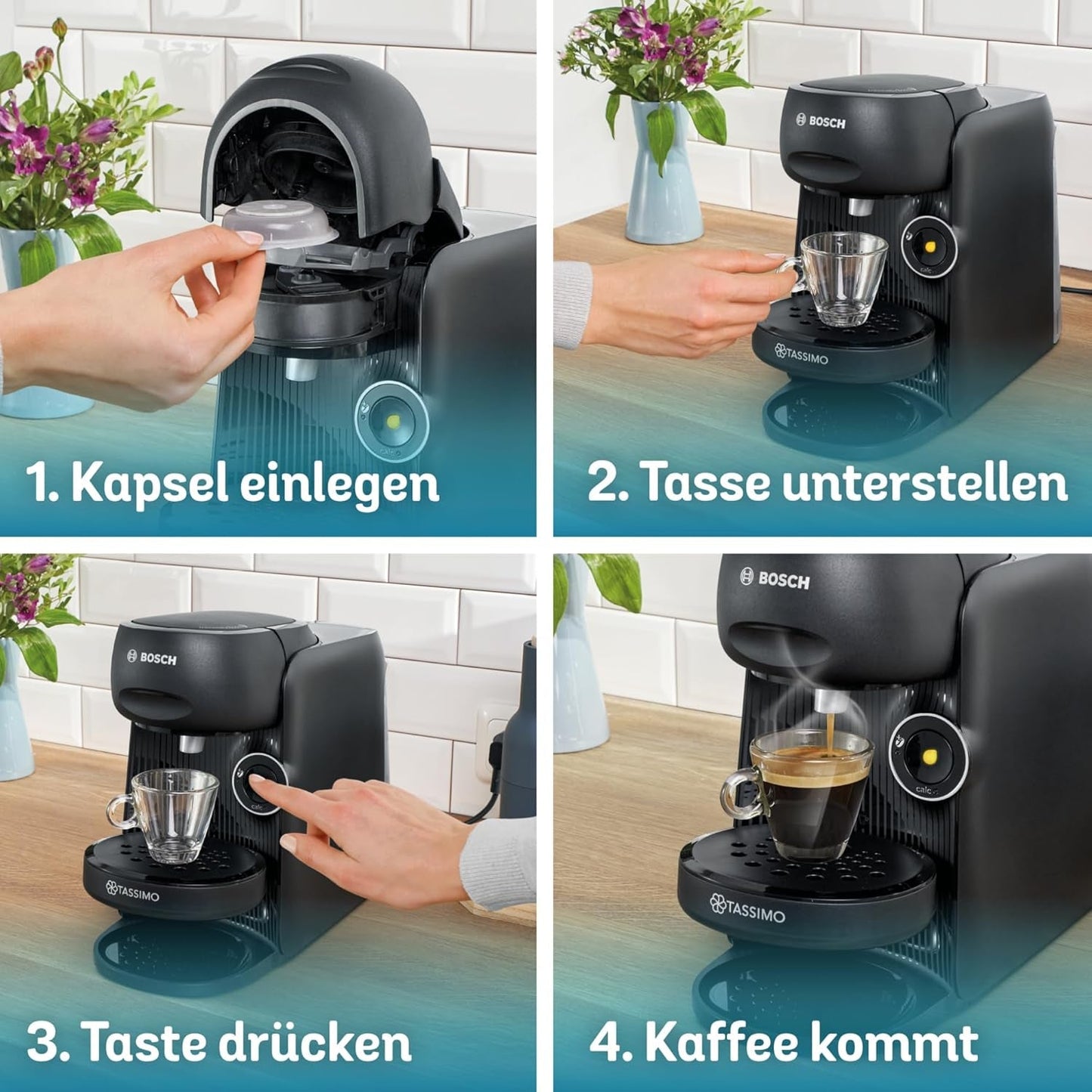 Bosch Tassimo finesse espresso na kapsle TAS162E, 70 nápojů, intenzivnější káva stisknutím tlačítka, automatické vypínání, udržitelné, perfektní dávkování, 1400 W, černá/černá
