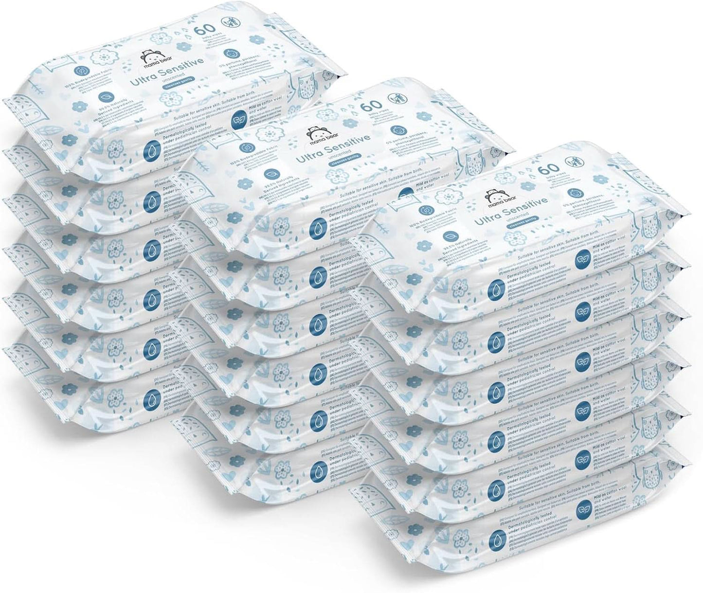 Mama Bear Ultra Sensitive dětské ubrousky Bez vůně 1008 (18 balení po 60) Naty Shop