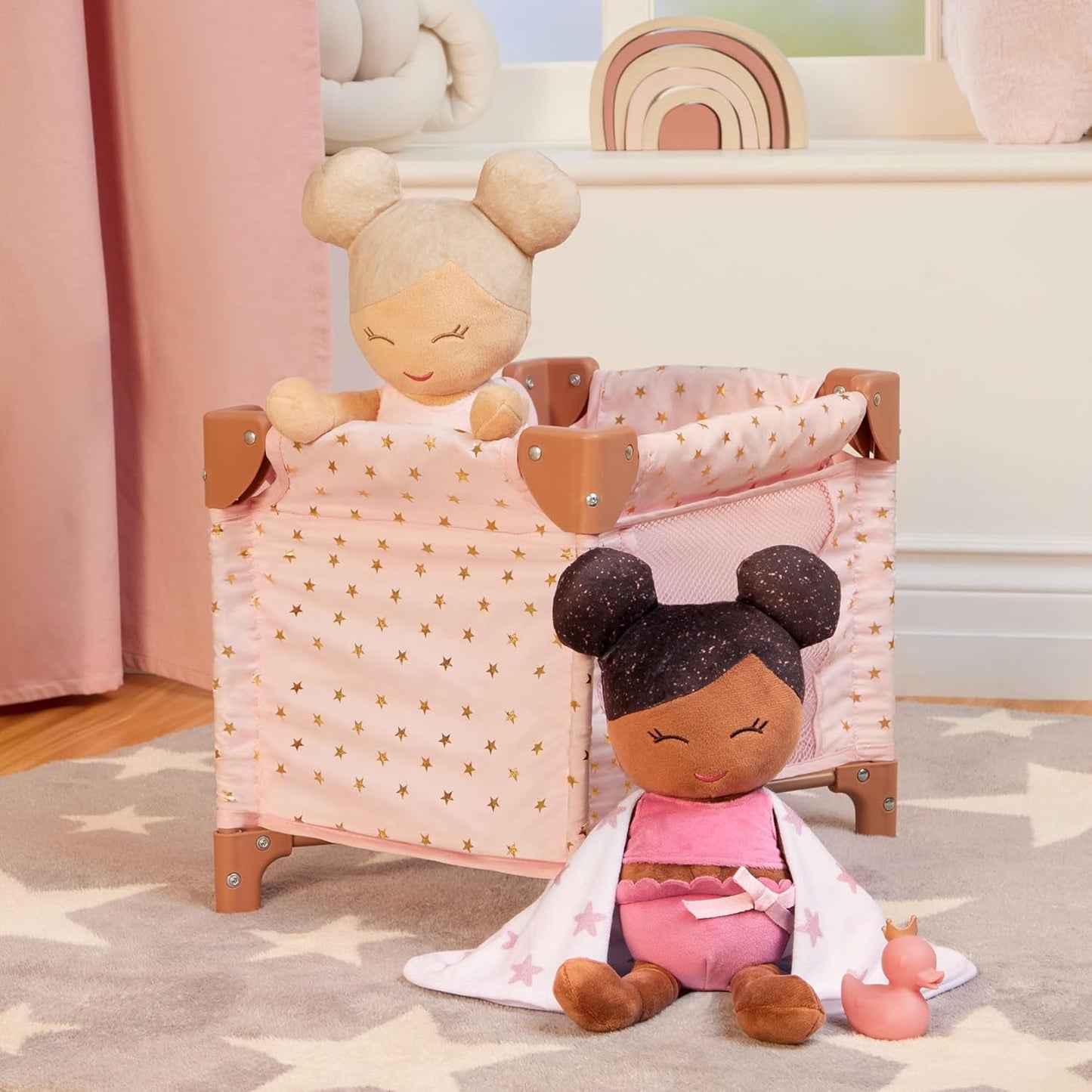 LullaBaby - Baby Puppen Laufstall - Faltbarer Puppen Laufstall in Rosa - Goldener Stern - Druckdesign - 36 cm Baby Puppen Kinderzimmer Zubehör - Vorgetäuschtes Spiel - Spielzeug für Kinder ab 2 Jahren