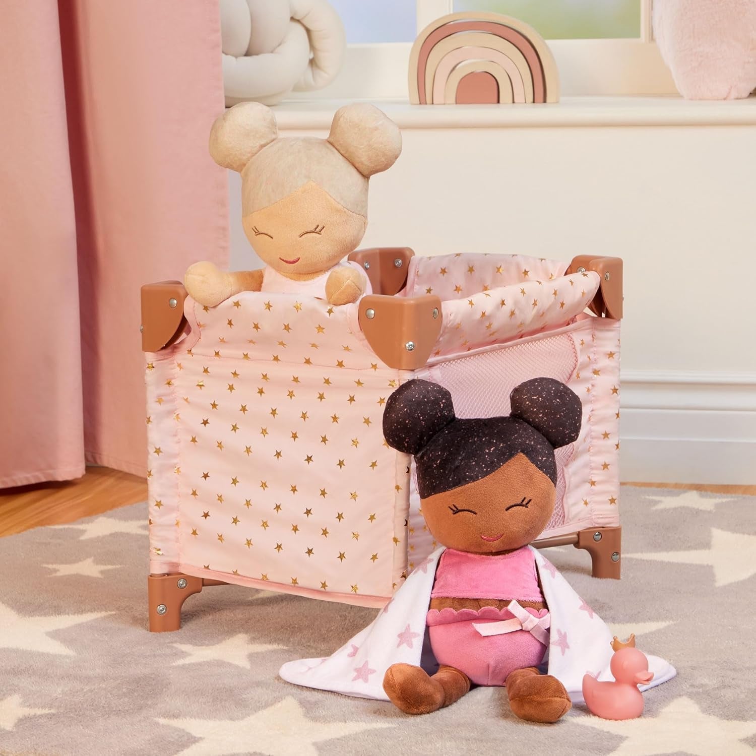 LullaBaby - Baby Puppen Laufstall - Faltbarer Puppen Laufstall in Rosa - Goldener Stern - Druckdesign - 36 cm Baby Puppen Kinderzimmer Zubehör - Vorgetäuschtes Spiel - Spielzeug für Kinder ab 2 Jahren