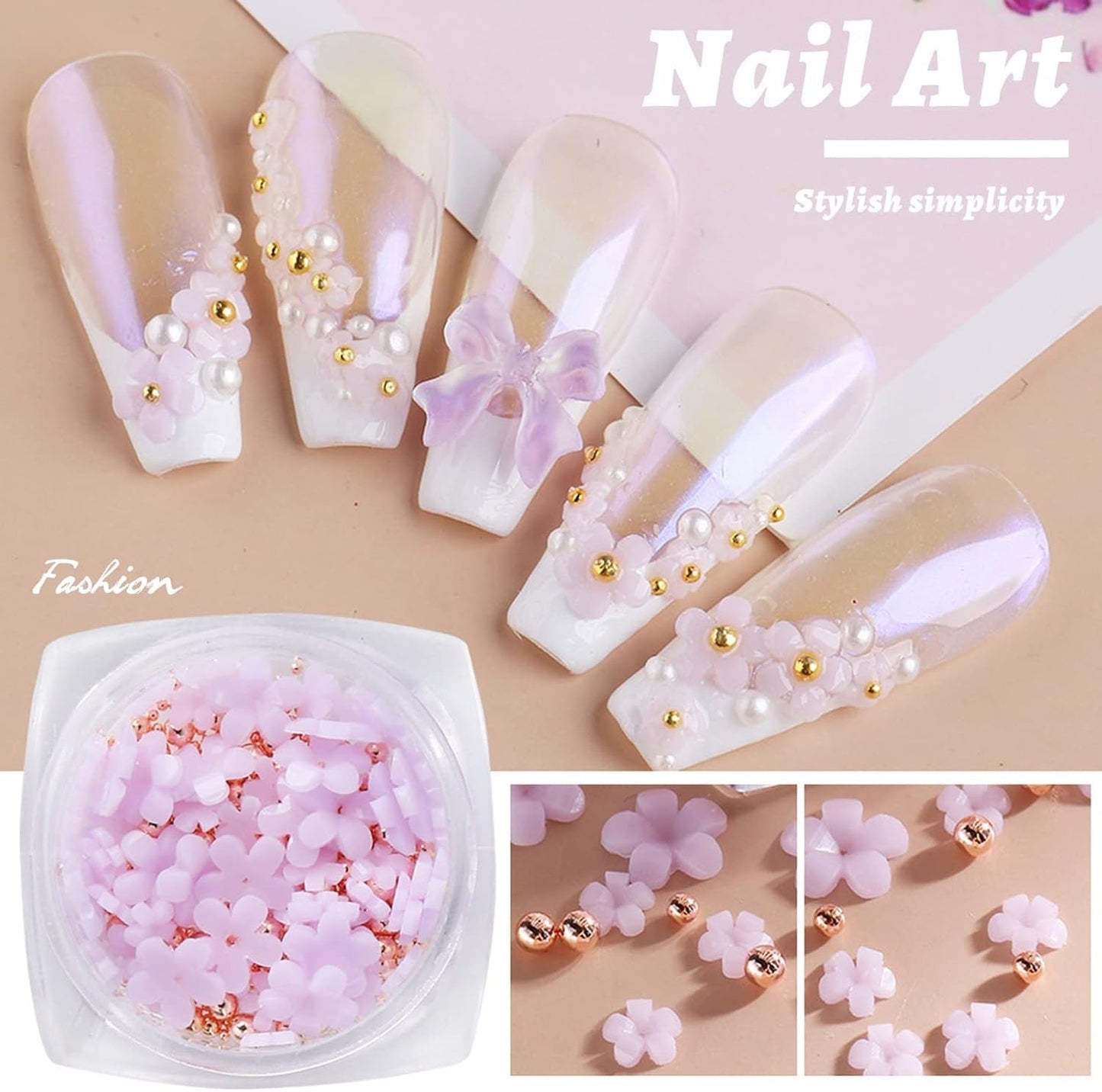 6 Box 3D Květinové Nagelkunst Charms, Acryl Flower Nagel Strass Mit Gold Und Silberperlen Ornamenten, Nagel Edelsteine, Nagel Zubehör Für Mädchen, Frauen, DIY Nageldesign, Basteldekoration…