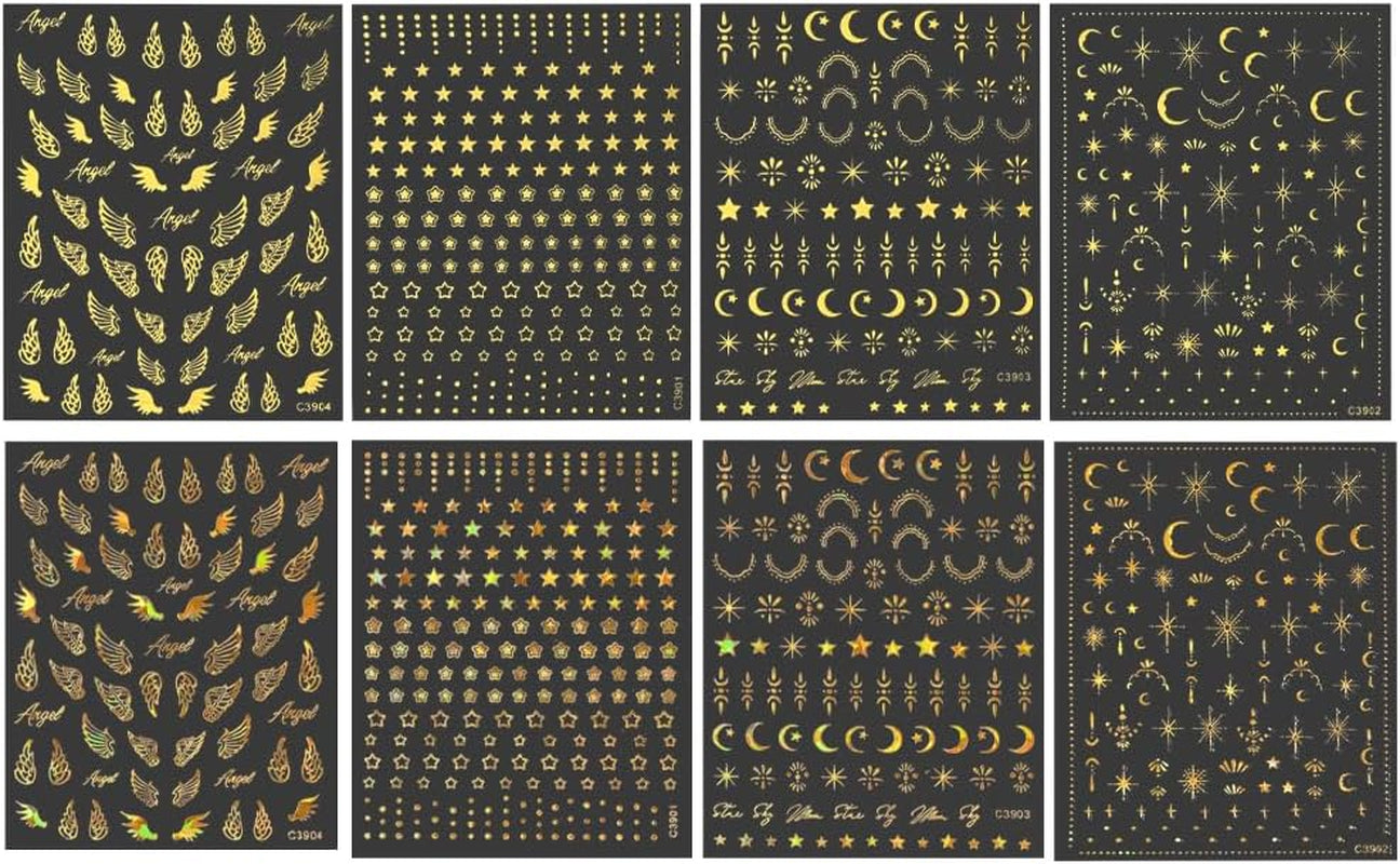 8 listů zlata Moon and Stars Nálepky na nehty Angel Wings Tan Gold Nálepky na nehty Hvězdy Fólie na nehty Samolepicí nálepky na nehty Příslušenství k nehtovému designu Nálepky na nehty
