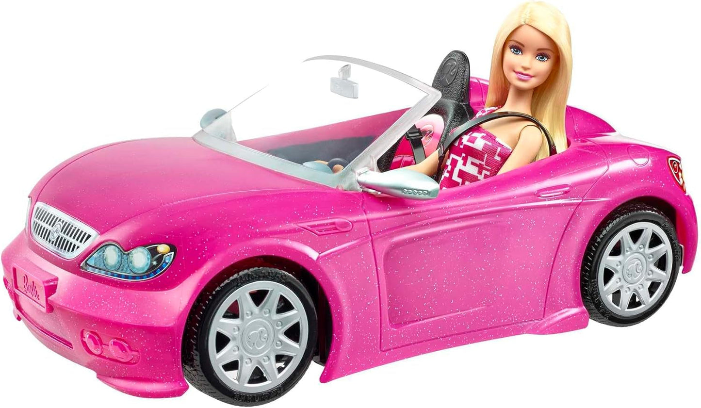 Păpușă Barbie și decapotabilă în roz cu sclipici, logo realist pentru anvelope, jucărie de la 3 ani, DJR55 Papusi Naty Shop Barbie