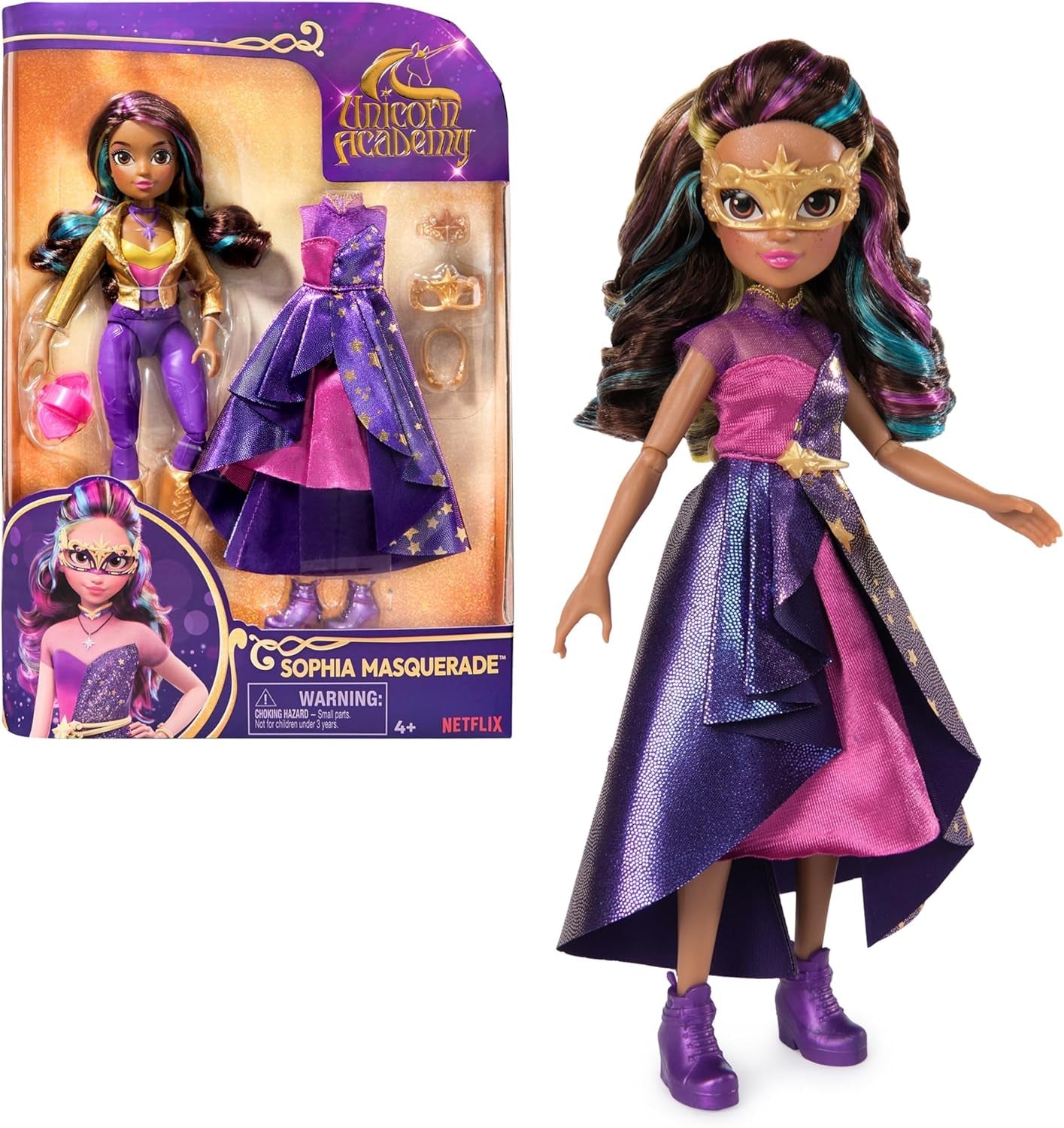 Unicorn Academy Deluxe Masked Ball Sophia - 24 cm panenka z oblíbené série Netflix se 2 oblečky, klasickým oblékáním a hraním rolí, věk 4+ Naty Shop Dolls Sophia Masked Ball