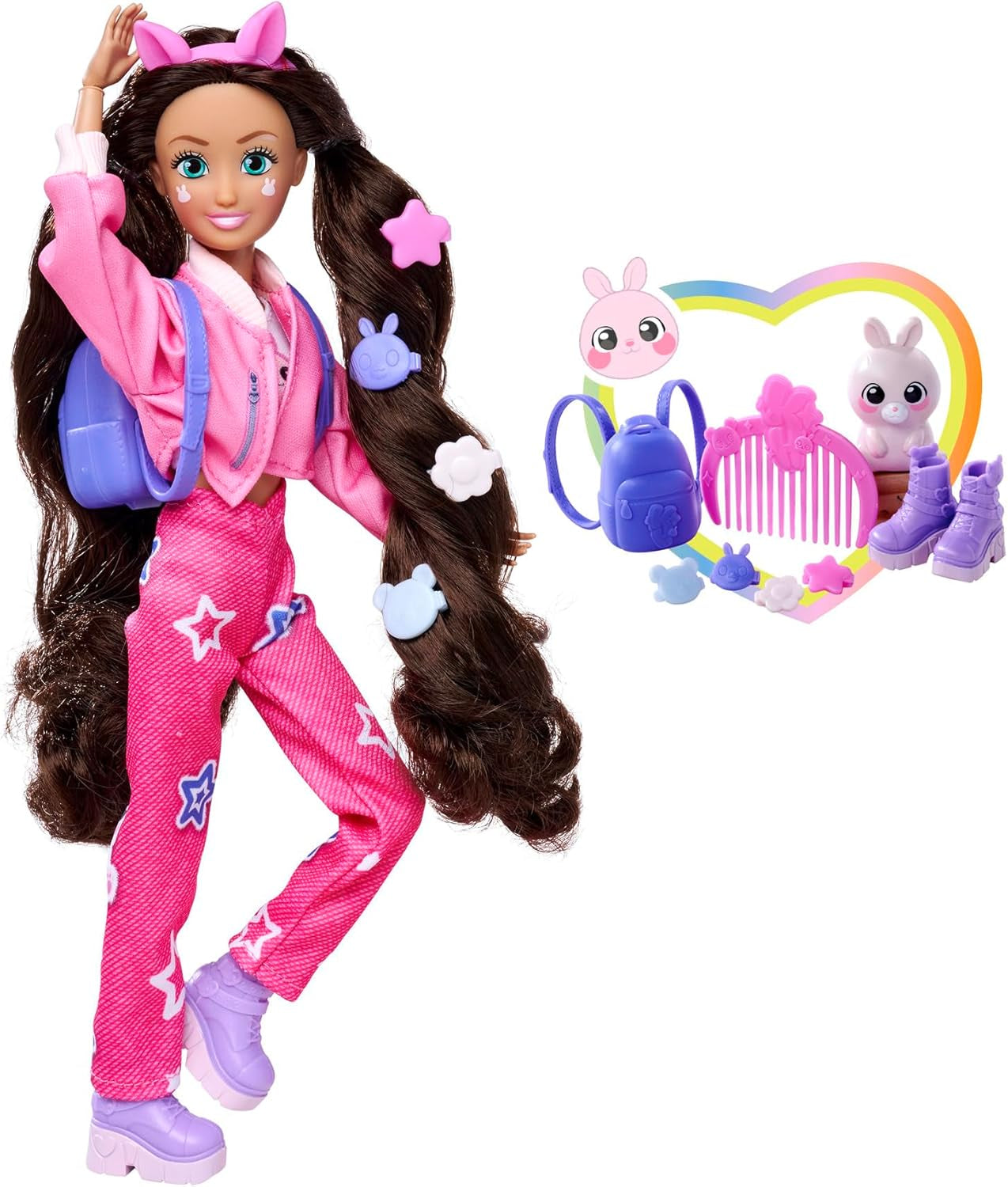 Simba 105953975 - Kawaii Hi Dress-Up Panenka Lucy (26 cm) - Kloubová kadeřnická panenka, králičí panenka s dlouhými vlasy a doplňky Hračka pro 4 roky a více