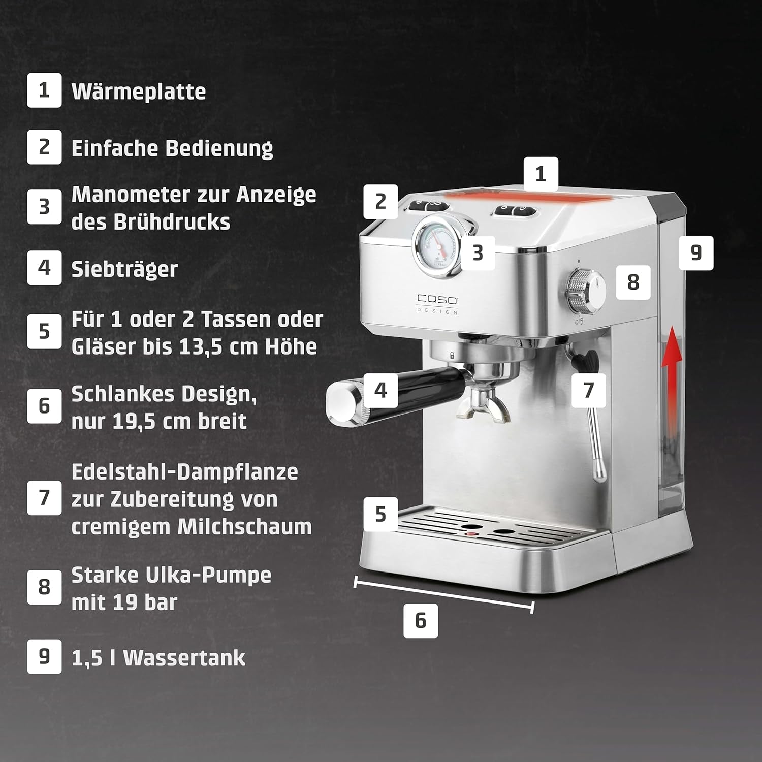 Caso Espresso Gourmet – Nerezový Portafilter Espresso kávovar, výkonná 19barová pumpa Ulka, s napěňovačem mléka, pro mletou kávu nebo kapsle ESE, na 2 šálky, s ohřívačem šálků