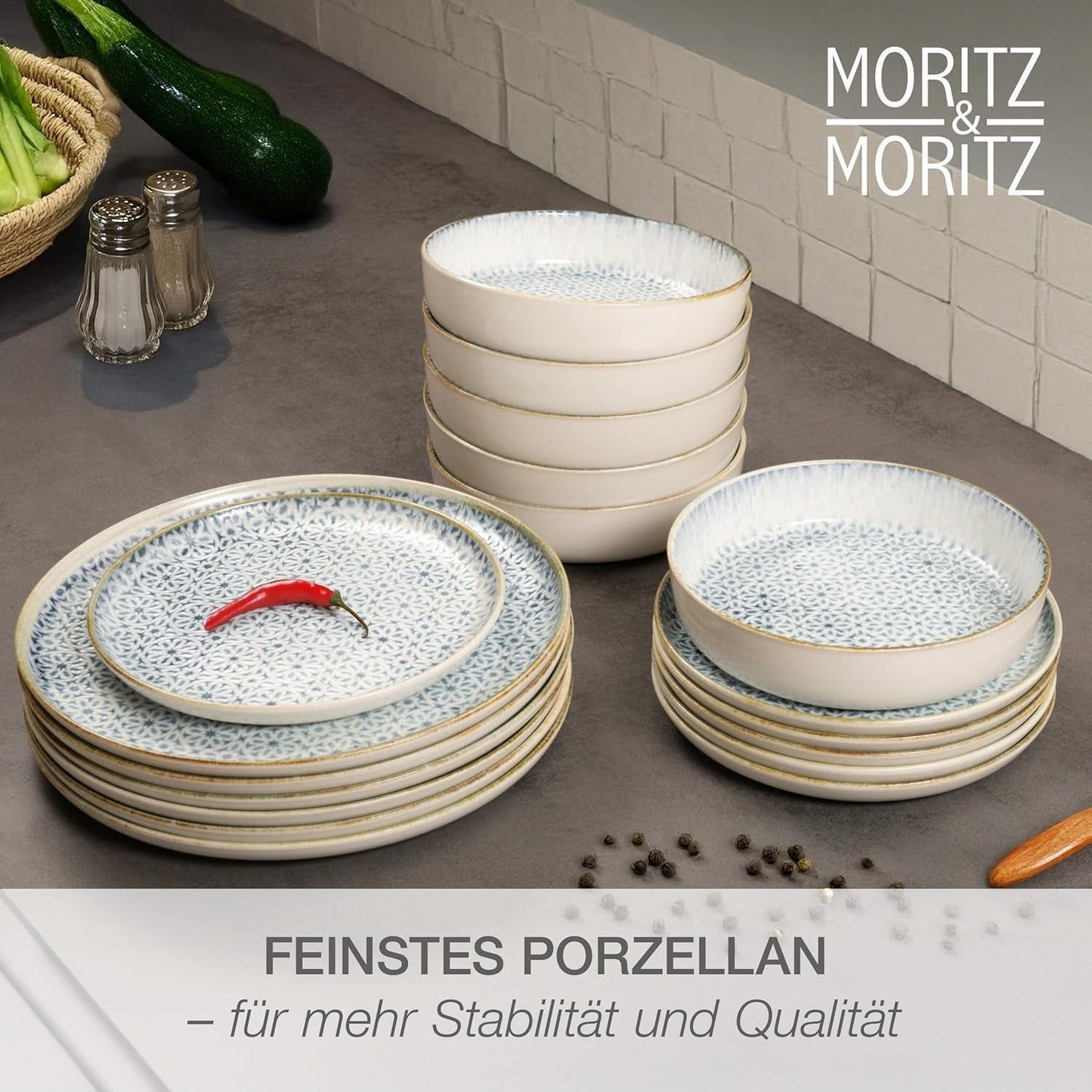 Sada nádobí Moritz & Moritz ALHAMBRA pro 6, 18 kusů, vysoce kvalitní porcelán – moderní modré nádobí – sada se snadnou údržbou obsahující 6 talířů, 6 dezertních talířů a 6 misek