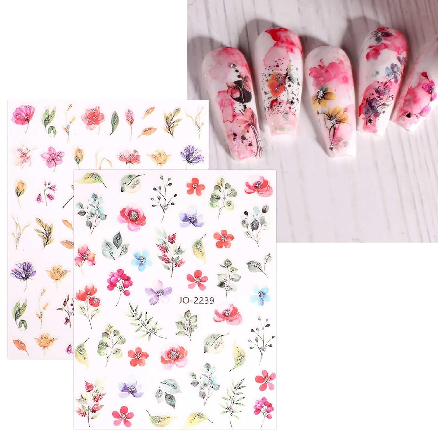 JMEOWIO Nálepka na nehty Frühling Blume 12 Blatt Nálepka na nehty Selbtklebend Nagelaufkleber Blätter Dekoration Nageldesign Zubehör