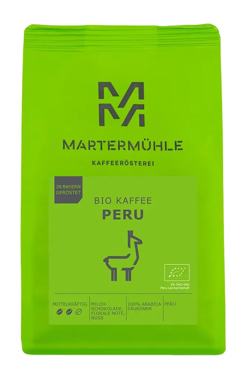 Martermühle Peru Bio Kaffeebohnen 1kg mittelkräftig I Arabica I Aroma: mléčná čokoláda, květinové tóny, ořechy I Ganze Bio Kaffee-Bohnen schonend geröstet, säurearm
