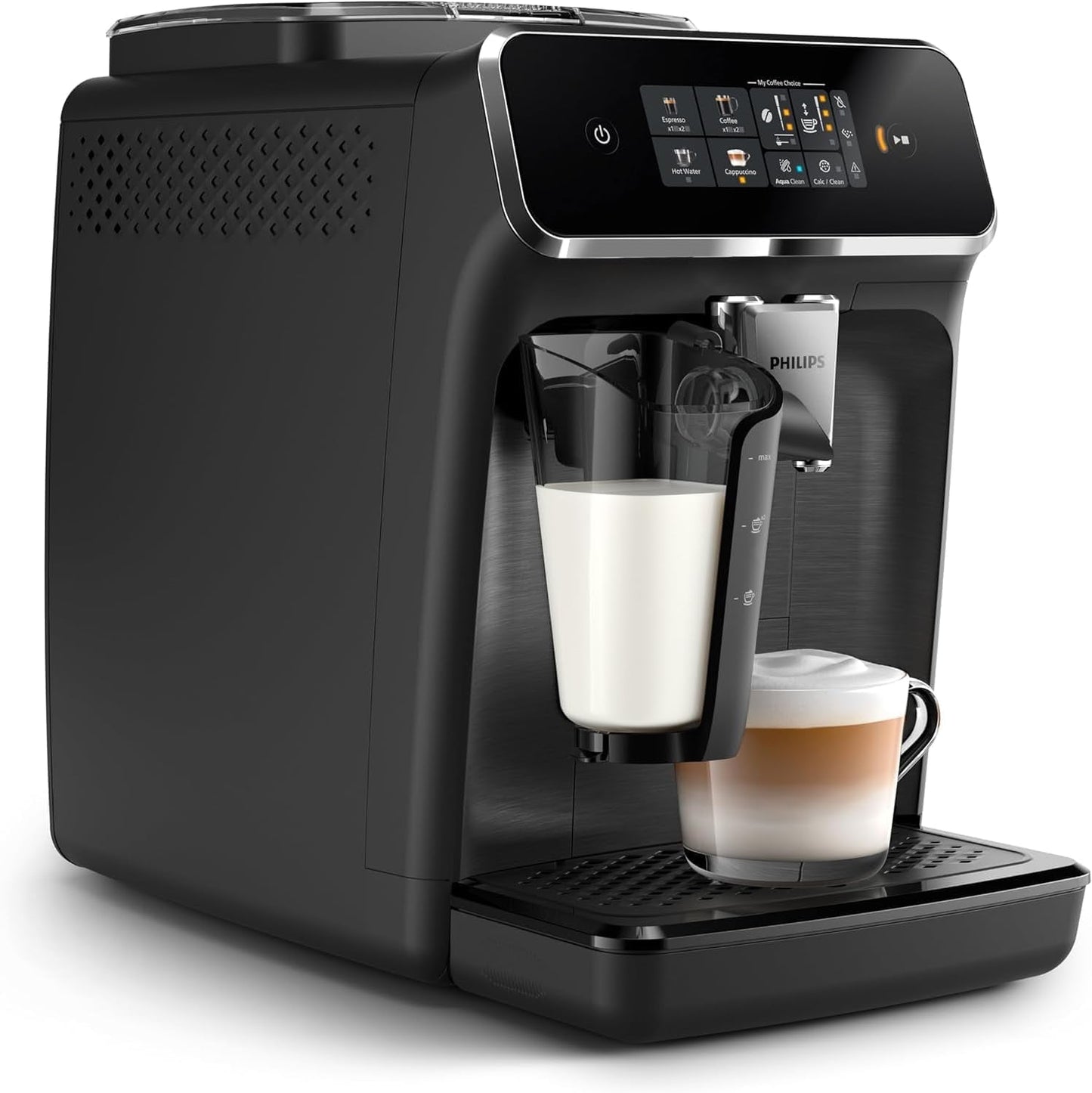 Automatický espresso kávovar PHILIPS řady 2300 - 4 nápoje, moderní barevný dotykový displej, systém přípravy mléka LatteGo, SilentBrew, 100% keramický mlýnek, filtr AquaClean. Matná černá (EP2330/10)