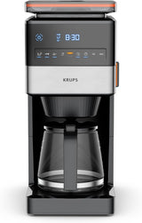 Espresso kávovar KRUPS Grind Aroma XL, odnímatelný kónický mlýnek, digitální ovládací panel, kapacita XL (1,5 l), funkce udržování teploty, skleněná karafa, černá/nerezová ocel, KM842810