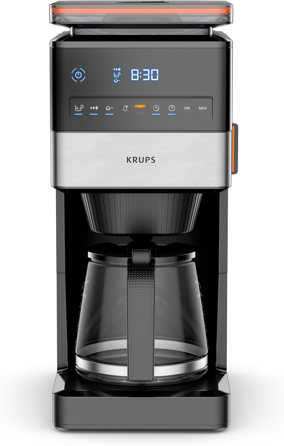 Espresso kávovar KRUPS Grind Aroma XL, odnímatelný kónický mlýnek, digitální ovládací panel, kapacita XL (1,5 l), funkce udržování teploty, skleněná karafa, černá/nerezová ocel, KM842810