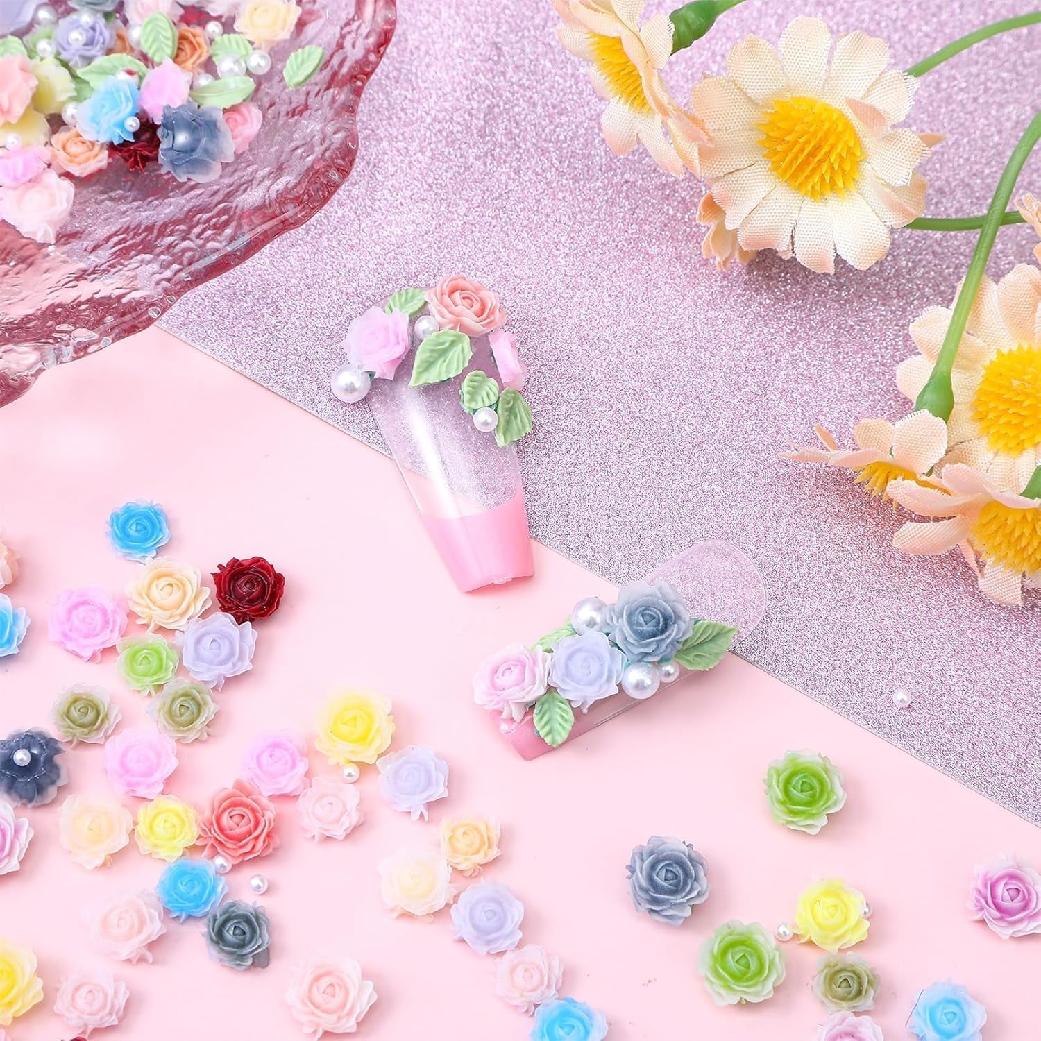 300 Stück Niedlich Blume Přívěsky na nehty, 3D pryskyřice Květinová Camelie Rose Nägel Charms Mit Perle, Gemischt Größe Bunte Flower Nägel Deko Für Frauen Nail Art Zubehör