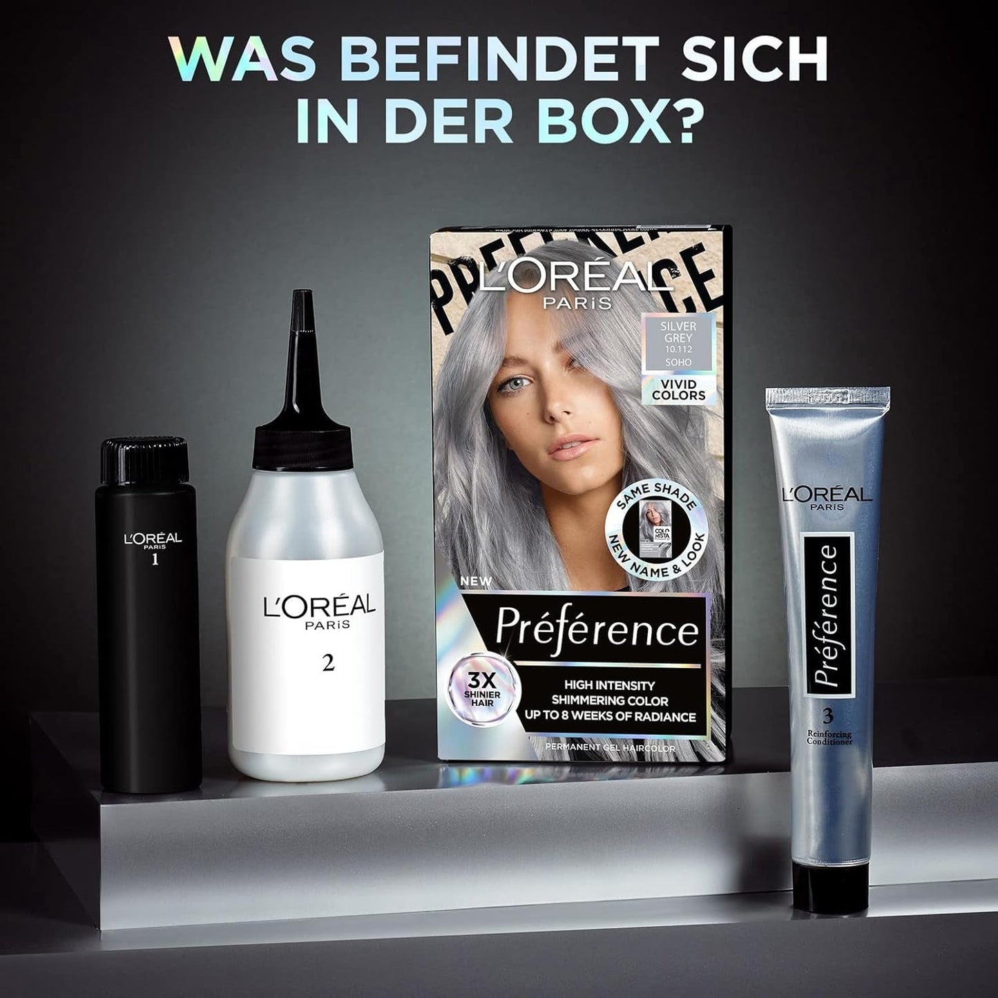 L'Oréal Paris Intenzivní permanentní barva na vlasy, Až 8 týdnů zářivých vlasů a intenzivní barvy, Préférence Vivid Colors, Barva: 10.112 STŘÍBRNO ŠEDÁ, 1 ks (balení 2 ks) Barva na vlasy Naty Shop